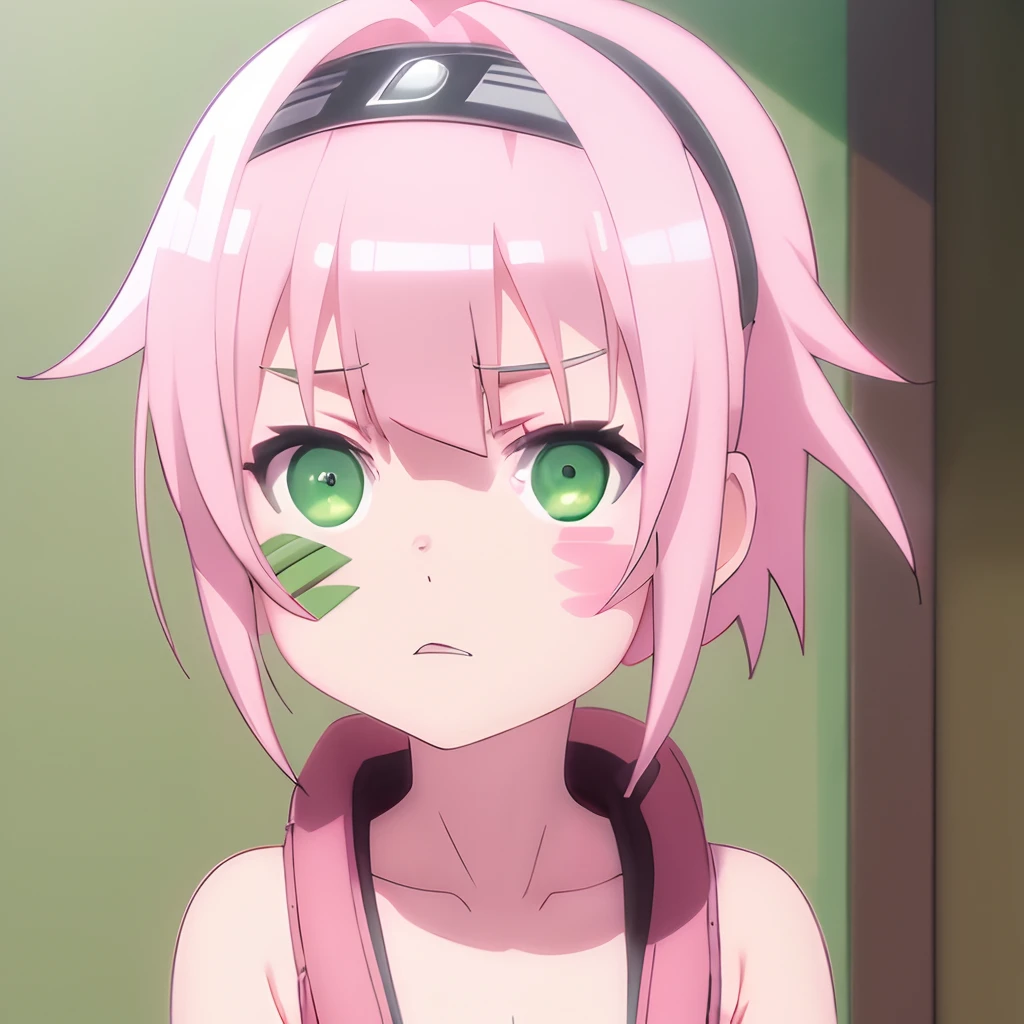 Sakura 4_Rhys, Boruto: naruto next generations, naruto shippuuden , 1girll, bangs, face markings, Green eyes, Parted bangs, Pink hair, red hairband, Bra, Short hair, Solo, Upper body ((Masterpiece))
