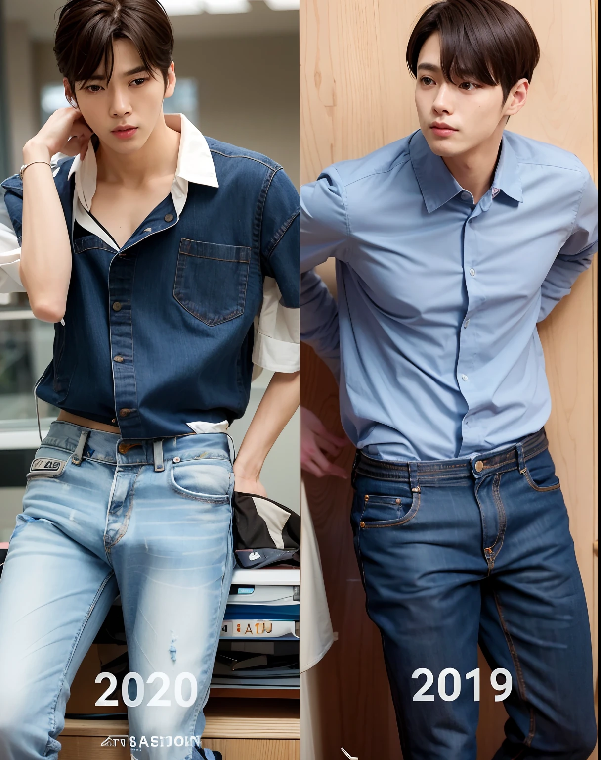 a close up of two men standing next to each other, kim doyoung, jung jaehyun, style kim jung gi, jinyoung shin, wearing a shirt and a jean, wearing casual clothes, each wearing correct era clothes, wearing correct era clothes, ( ( ( wearing jeans ) ) ), male ulzzang, with same hairstyle, inspired by Zhang Han