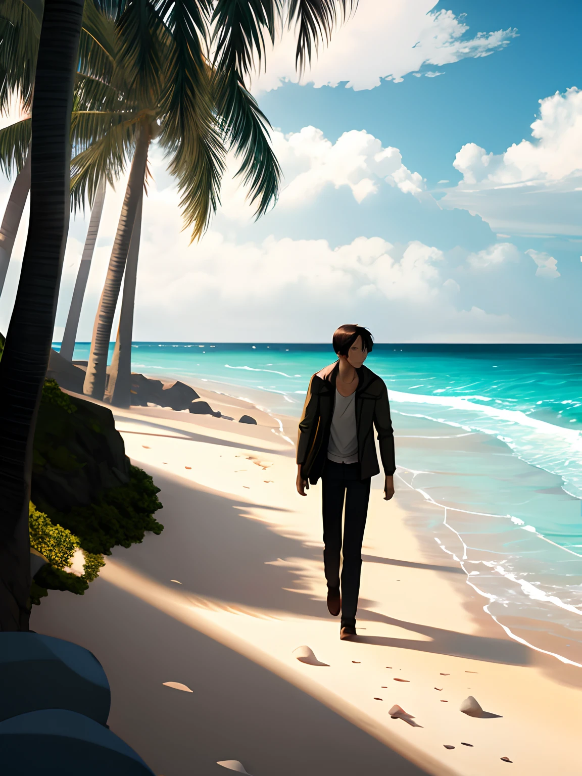 Eren Jaeger walking along the beach