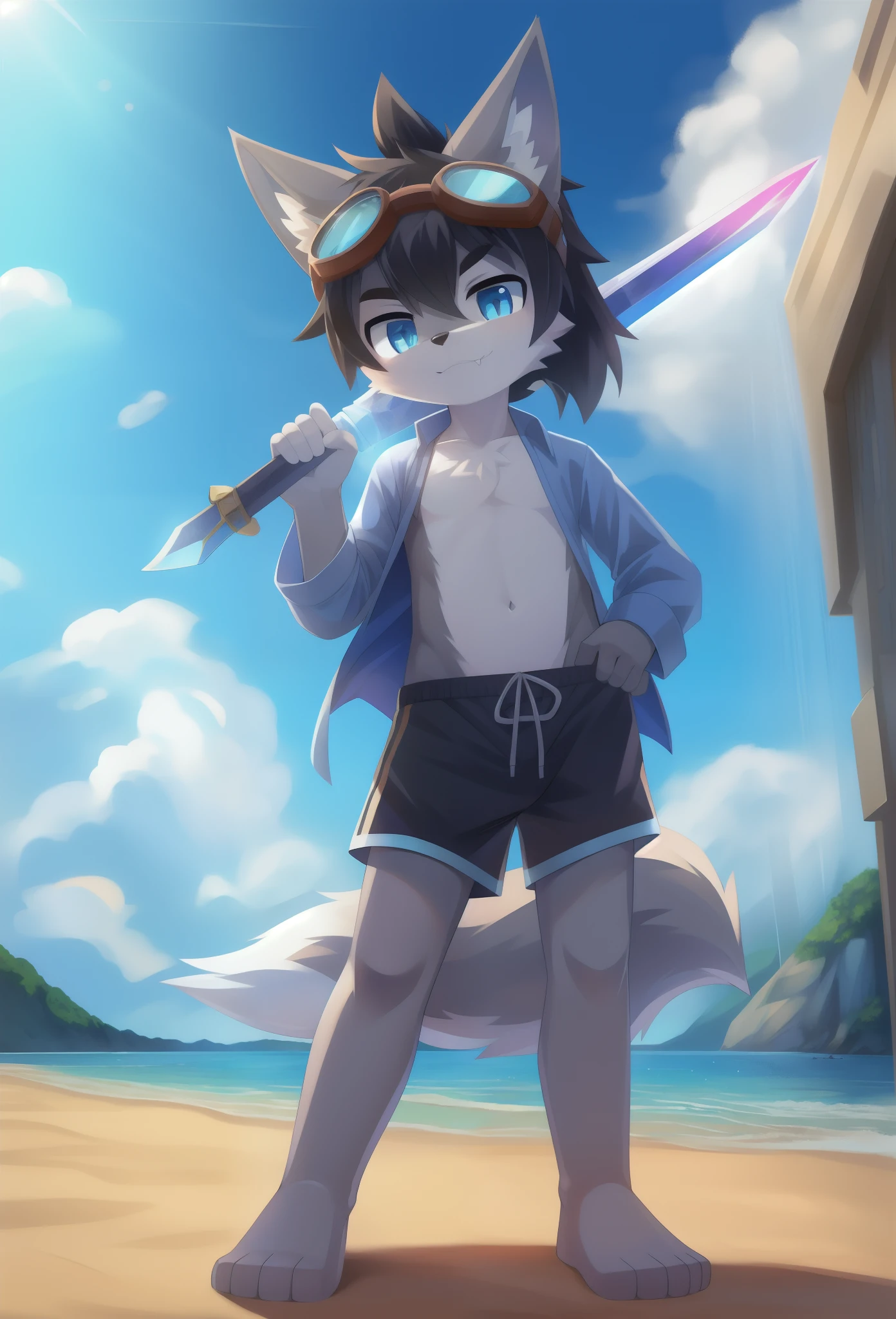 Furry shota, wolf, black hair, long spiky ponytail, blue eyes, detailed body fur, ((blue hawaiian shirt, open clothes, black swim trunks, goggles)), masterpiece, looking at you, fangs, clear grey body fur, detailed face, big eyebrows, detailed eyes, detailed body, detailed body fur, detailed hands, flat body, glistering body, shiny body, skinny, :3, full body, feets whit three toes, simple background, white background, (ice sword, holding a ice sword),