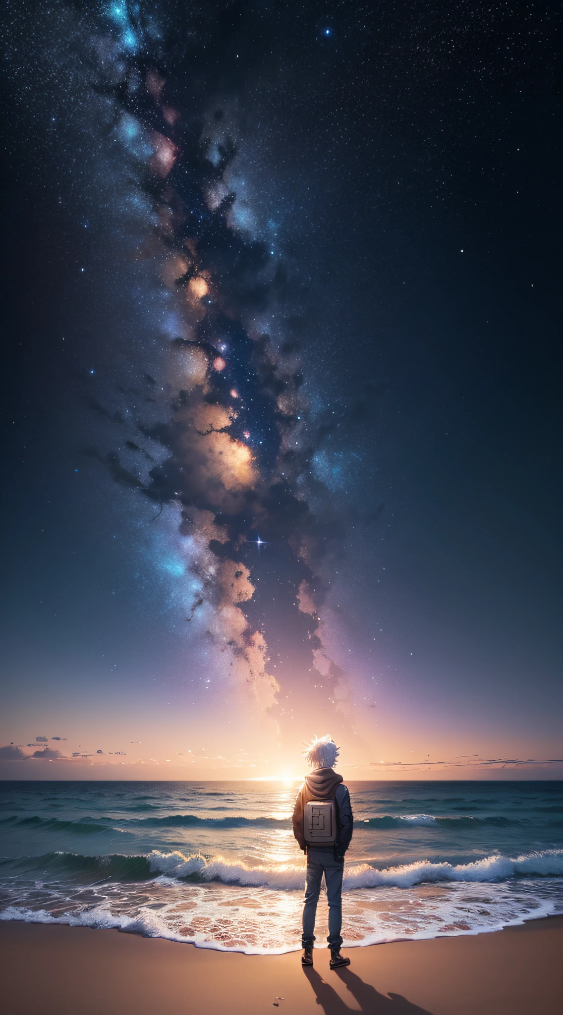 Starry sky with a boy standing on the beach looking at the stars, The boy looked at the space, Anime boy with silver white hair, Boy in space, Endless universe in the background, Look to the universe, amazing wallpapers, Look at the background in the galaxy, Handsome boy on the horizon, Look into space, Makoto Shinkai Cyril Rolando,Anime art wallpaper 4k