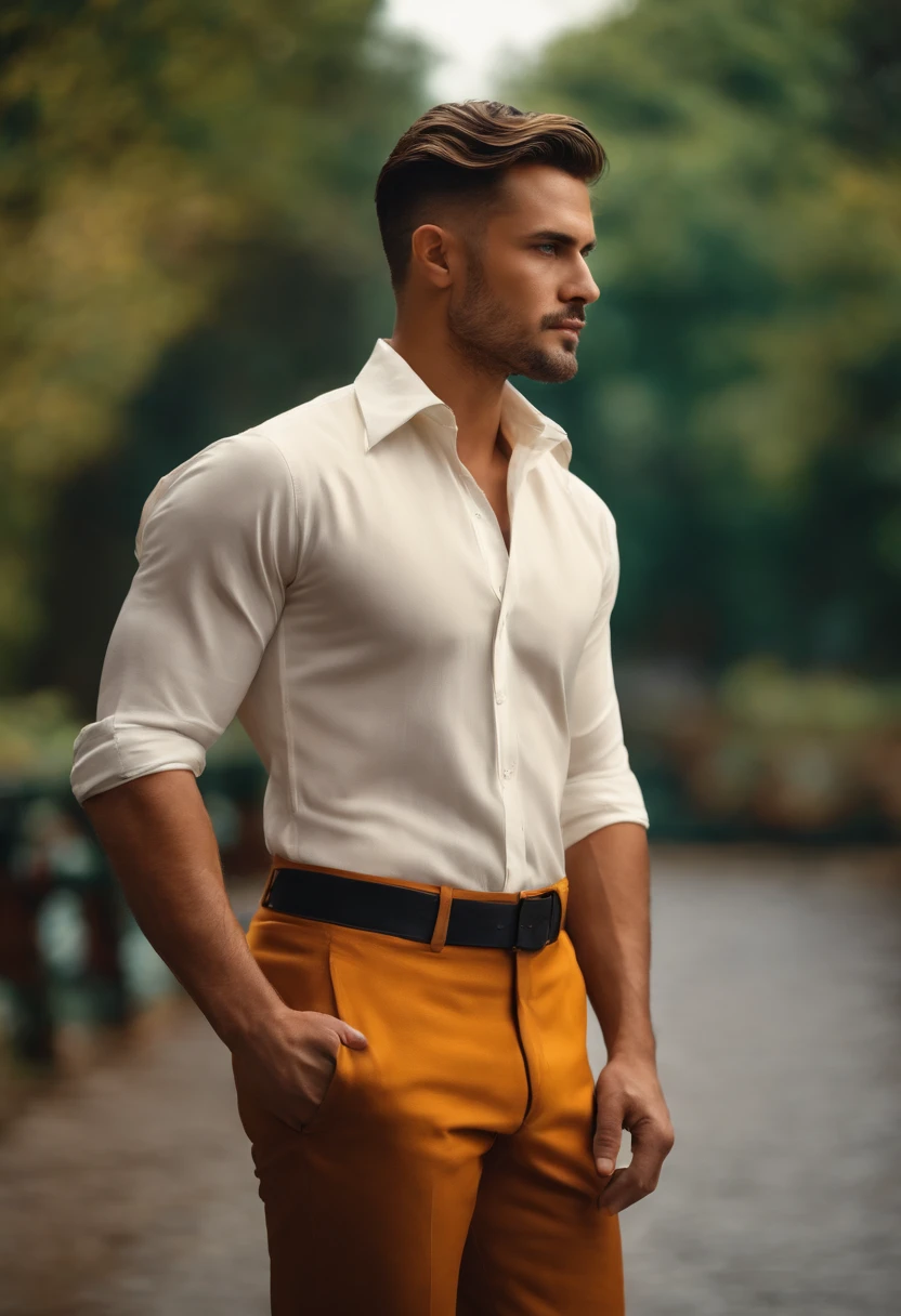 a man without dress only dress pant with original face with realistic background with head angle cercle
