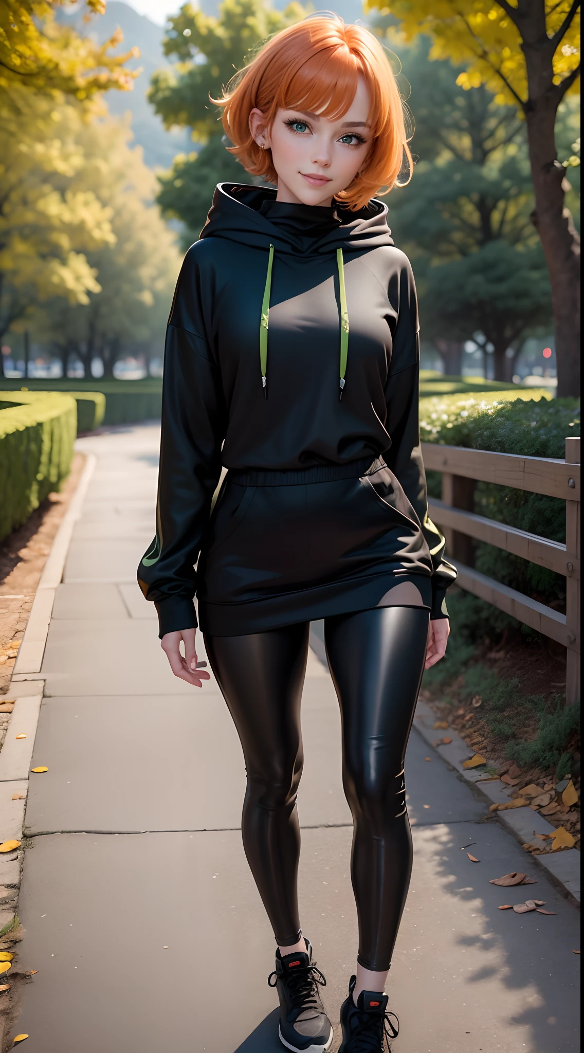 masterpiece, best quality, ultra-detailed, beautiful lighting, Woman, black leggins, orange hair, (green eyes:1.3), (black oversized hoodie:1.2), , turtleneck, standing up, in park, beautiful scenery, slight blush, smiling, (cute smile:1,1), (glossy lips:1.1), (beautiful eyes:1.1), wonderful backround, closed mouth, arms_behind_back, short hair HD HQ UHD