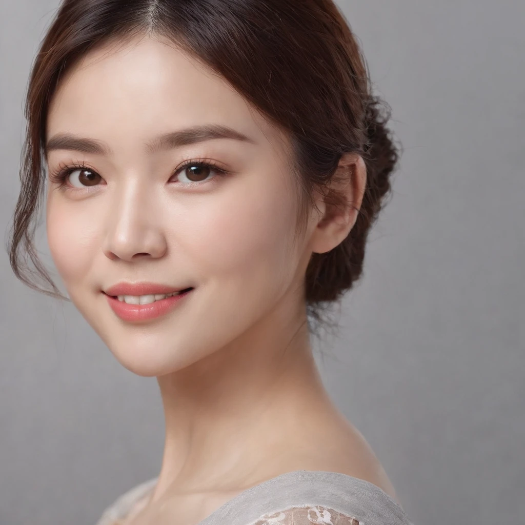 (photo: 1.3) af (realistic: 1.3), East Asian woman, soft light, clear face, happy, cheerful, warm light, ((gray-white gradient background)), (background)). ((gray wall background))) avatar, (long or short hair), handsome, young,short hair,((close-up))