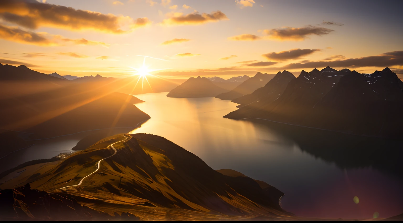 Mountain view with lake and sunset, Norwegian, Fjords, by Anton Lehmden, Warm glow, Glorious Light, sun shining, by Jakob Gauermann, Sunrise between two mountains, by Johannes Voss, breathtaking scenery, Norwegian Mountains, mountain, Amazing view., High quality wallpaper, majestic light, Golden Glow, Terragen, universe, Night Sky, star,