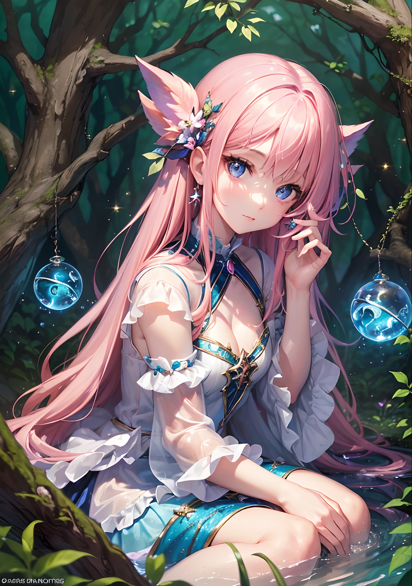 (masterpiece),best quality,depth of field,glass shards,simple background,1girl,looking at viewer,((She's holding a small bioluminescent sphere covered in mystical energy))(Blonde and Pink Hair), deep Purple Clear Eyes,((Beautiful, detailed body))head to toe portrait:1.3))((, She's sitting in a highly detailed magical forest with a river)) detailed sharp sparkly blue eyes!!