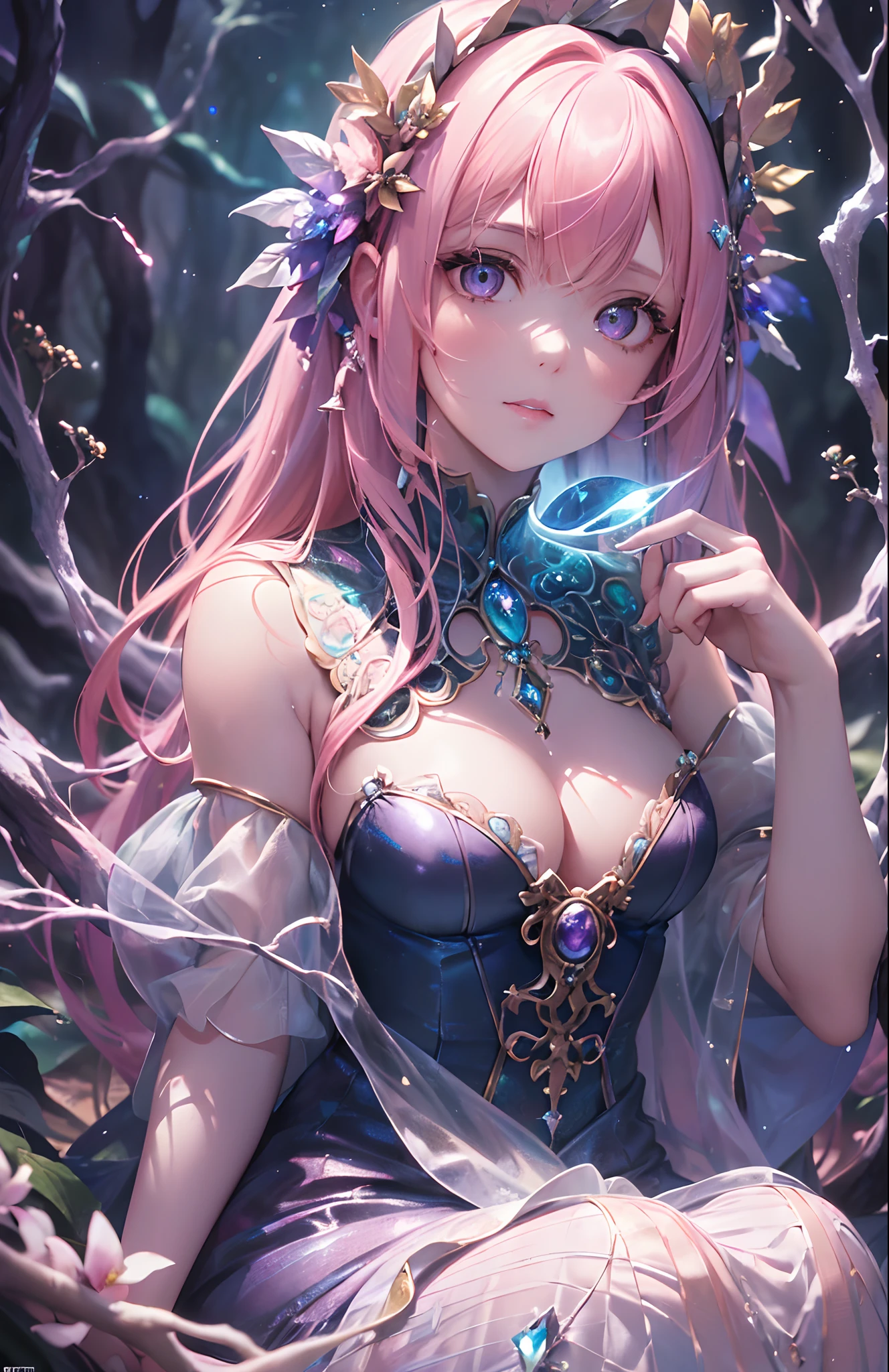 (masterpiece),best quality,depth of field,glass shards,simple background,1girl,looking at viewer,((She's holding a bioluminescent glowing Moon covered in mystical energy))(Blonde and Pink Hair), deep Purple Clear Eyes,((Beautiful, detailed body))head to toe portrait:1.3))((, She's sitting in a highly detailed magical forest with a river))