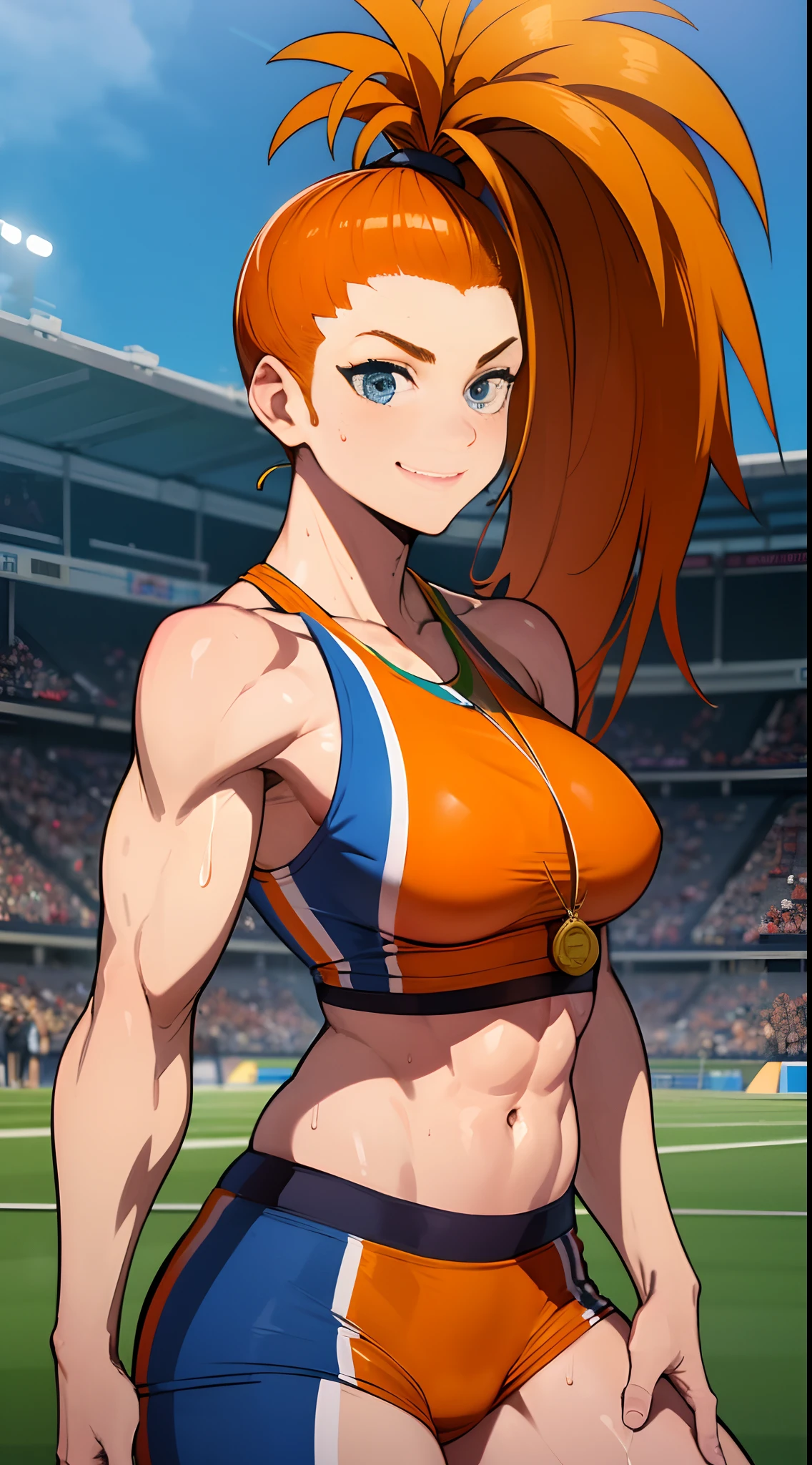 (track and field, stadium:1.2), (rim lighting), (detailed face:1.1), 1girl, solo, smile, captain mizuki, one-punch man, highres, muscular female, breasts, orange hair, sports bra, upper body, high ponytail, long hair, medal, sweat, steam, steaming body, murata yuusuke