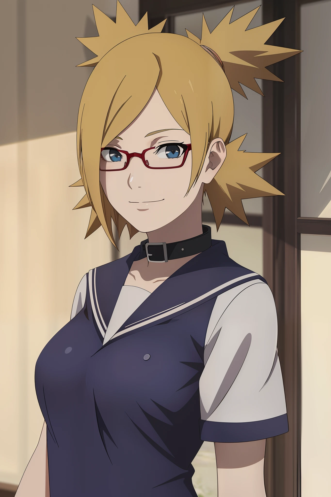 1girl, masterpice, high quality, best quality, good anime picture, misaki, ((school uniform)), ((serafuku)), glasses, twin braids, ((collar)), hair ornament, upper body, big breasts, dynamic light and shadows, smile, (adjusting eyewear:1.2), multicolor outfit, blonde hair, black dress,