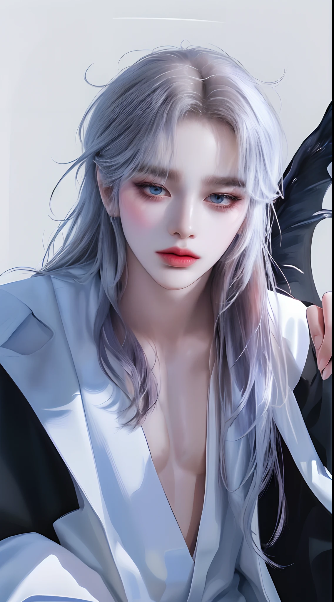 ((4K works))、masterpiece、(top-quality)、((high-level image quality))、((one beautiful women))、Slim body、((Black Y Shirt Fashion))、(Detailed beautiful eyes)、Black background、((Face similar to Chaewon in Ruseraphim))、((length hair))、((bright silver hair))、((Smaller face))、((Neutral face))、((Light blue eyes))、((Korean Women))、((18year old))、((Wild Lady))、((Glaring at him with a savage look))、((Korean makeup with black eyeshadow))、((elongated and sharp eyes))、((Shot alone))、((Fallen Angel))、((Fallen Angel Woman))、Photos of fallen angels、Villain、horor
