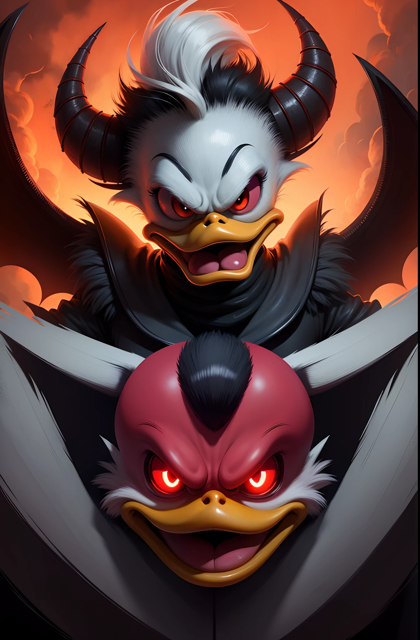 Donald Duck looking like a demon from Diablo, angry, devil, red eyes, portrait, epic background