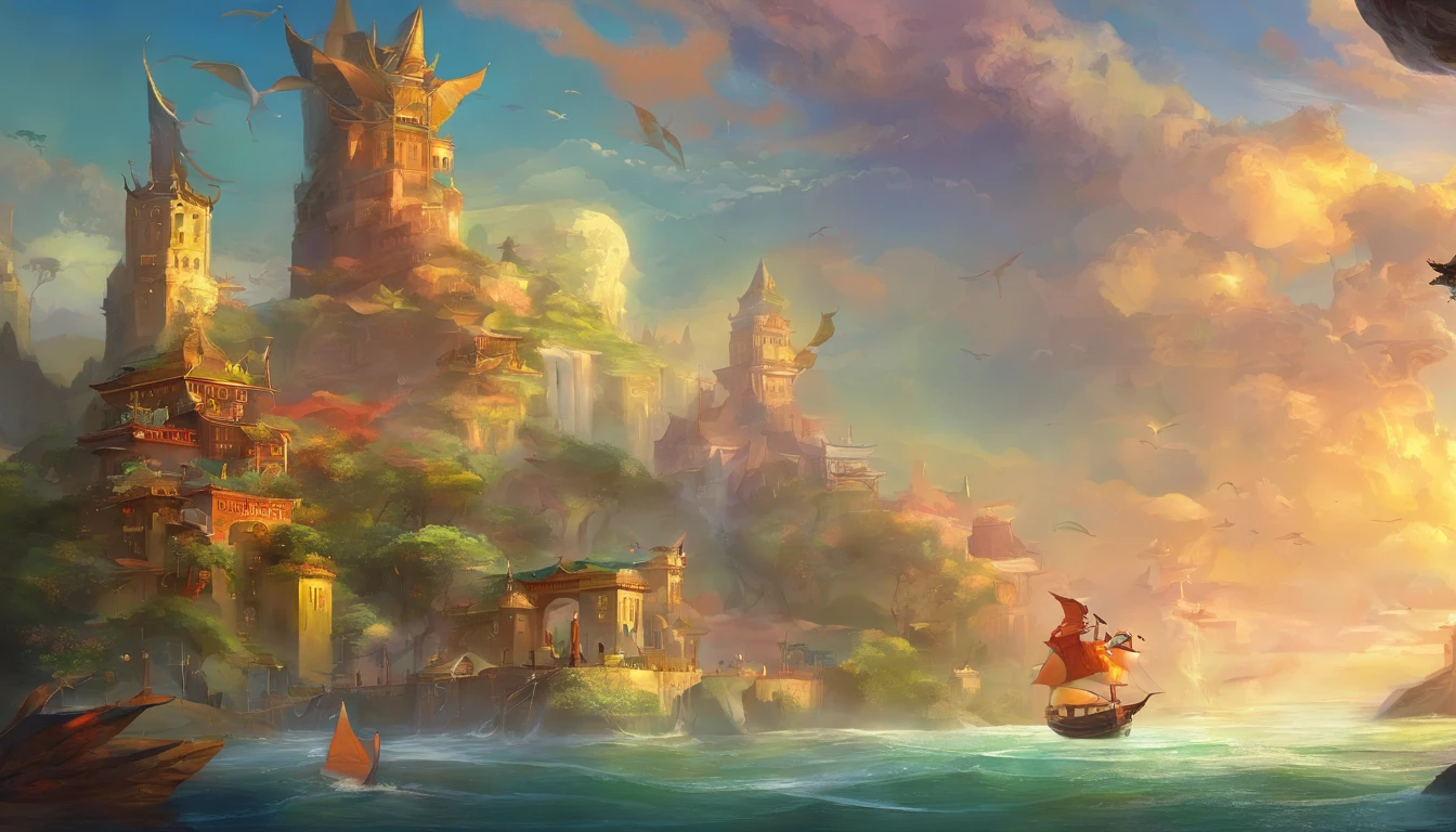 "Ask:"Where's the sea market?"Oh:"Hainaka City,Four sea mackerels,Collective jewelry,Twelve Kingdoms,All come to trade。Medium multi-god man game,Clouds and skies,Intercropping in waves。