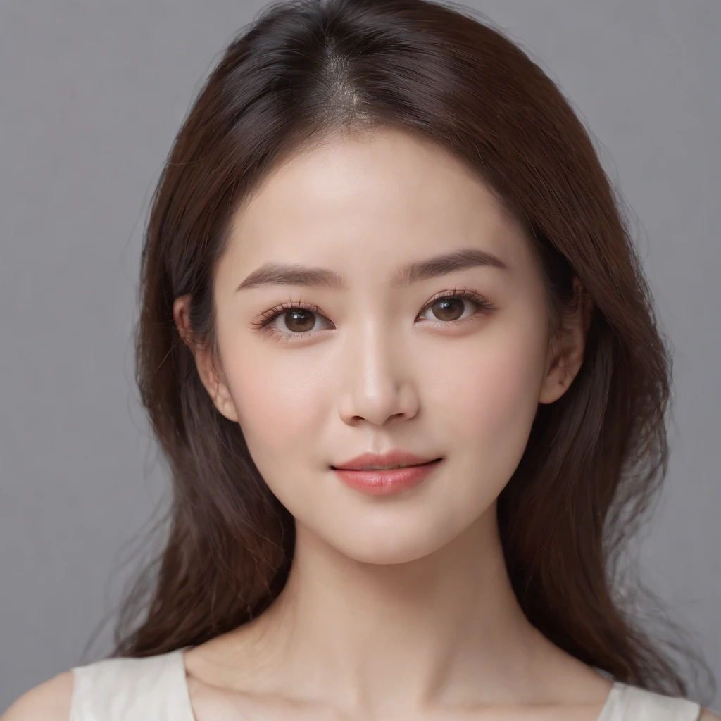 (photo: 1.3) af (realistic: 1.3), East Asian woman, soft light, clear face, happy, cheerful, warm light, ((gray-white gradient background)), (background)). ((gray wall background))) avatar, (long or short hair), handsome, young,short hair,((close-up))