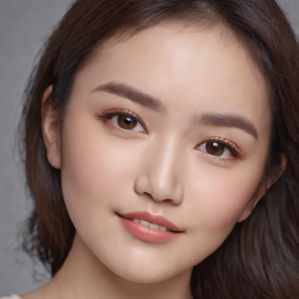 (photo: 1.3) af (realistic: 1.3), East Asian woman, soft light, clear face, happy, cheerful, warm light, ((gray-white gradient background)), (background)). ((gray wall background))) avatar, (long or short hair), handsome, young,short hair,((close-up))