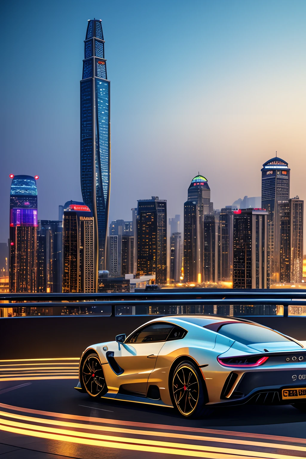 (best quality,4k,8k,highres,masterpiece:1.2),ultra-detailed,(realistic,photorealistic,photo-realistic:1.37),dreamy atmosphere,enjoying her time,stars surrounding her,warm laser lights illuminating her,overlooking the city center of Chengdu in the background,high-end cars around her,vibrant face,playful ambiance