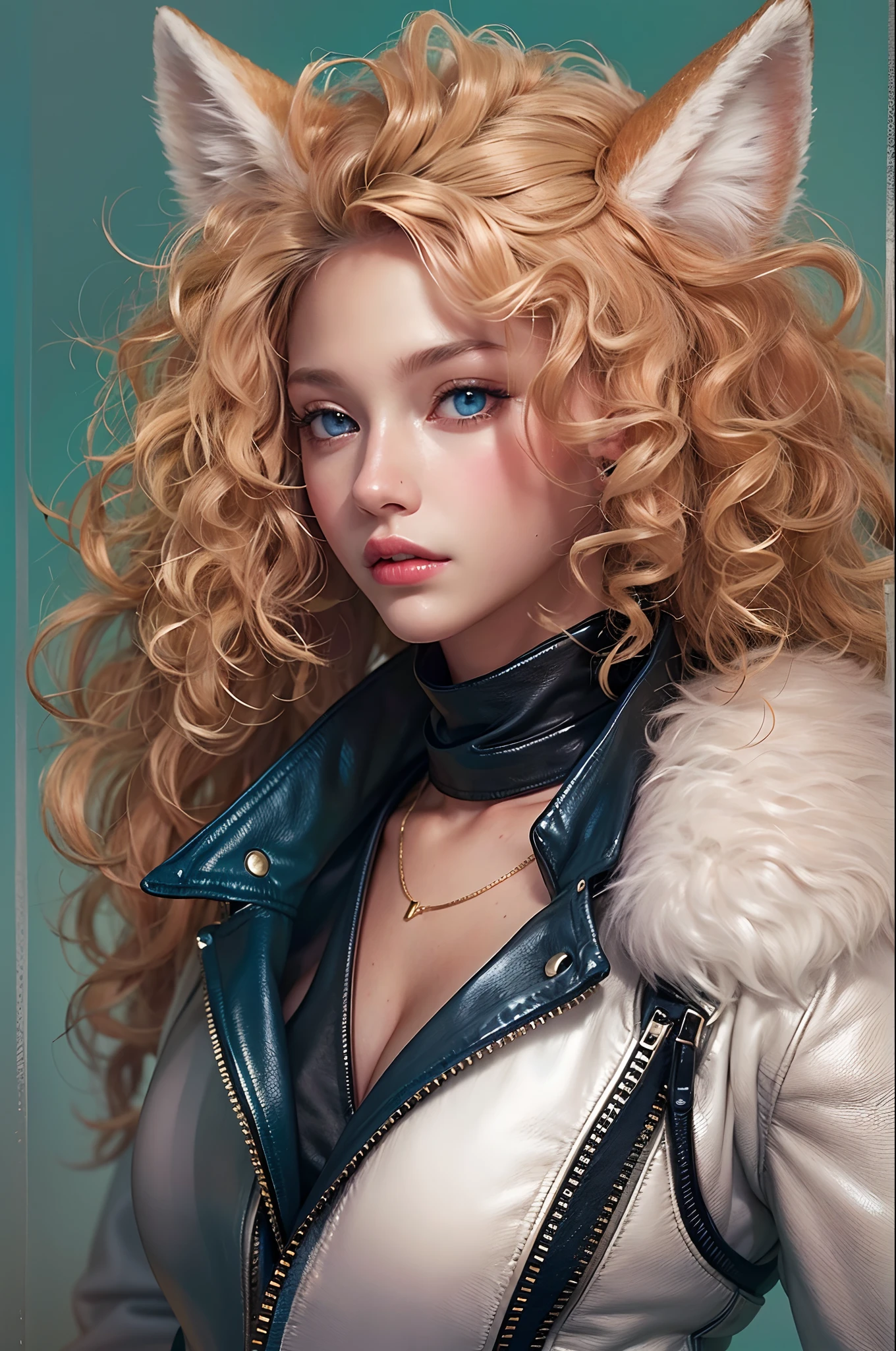 woman,golden curly hair,blue color eyes,White fox ears,Black tight leather jacket