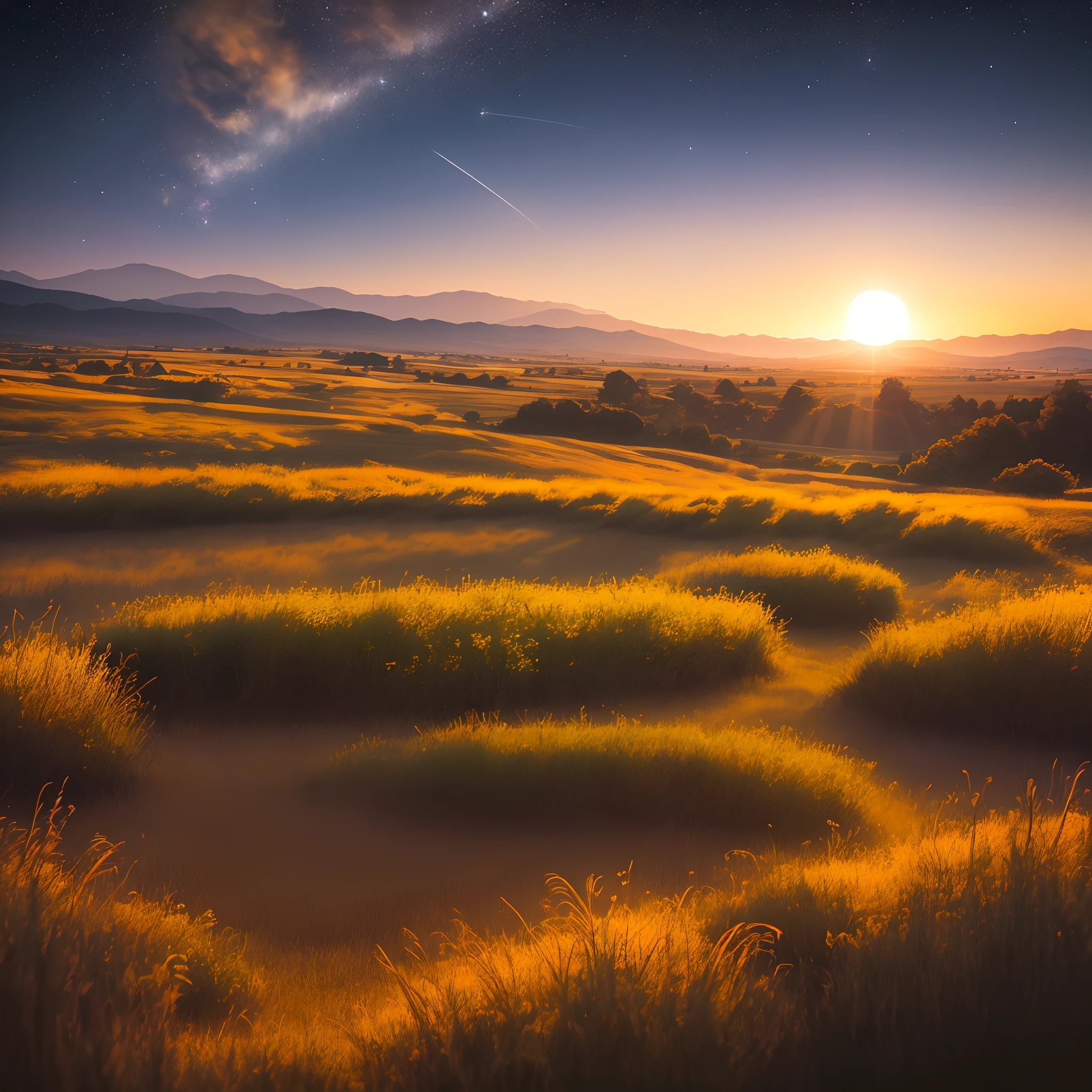 sky at night,The stars are shining,The sunset illuminates the earth and meadows