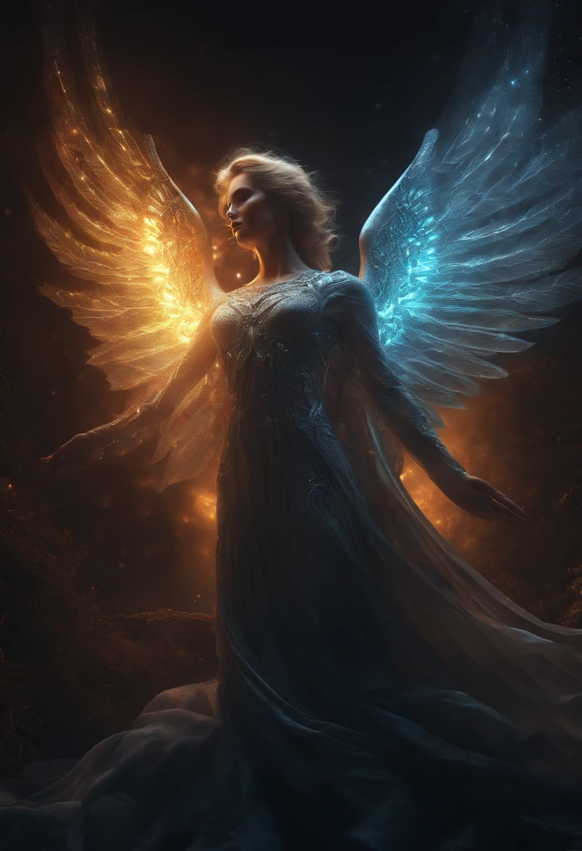 cosmic fallen angel, olhos claros brilhantes, Biomechanicals, estranho, assustador, Pesadelo, cores muito brilhantes, light particles, com luz brilhante, Mshiff, Arte do papel de parede, Papel de parede UHD