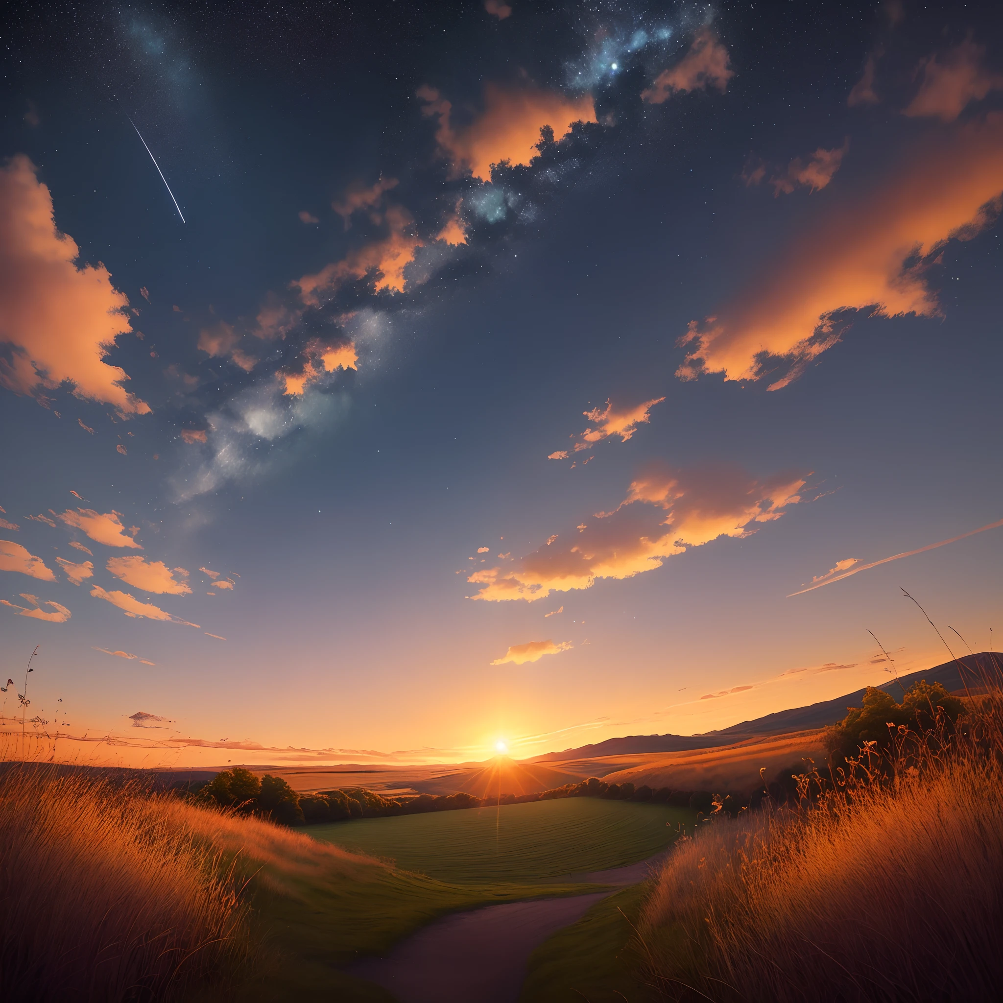 sky at night,The stars are shining,The sunset illuminates the earth and meadows
