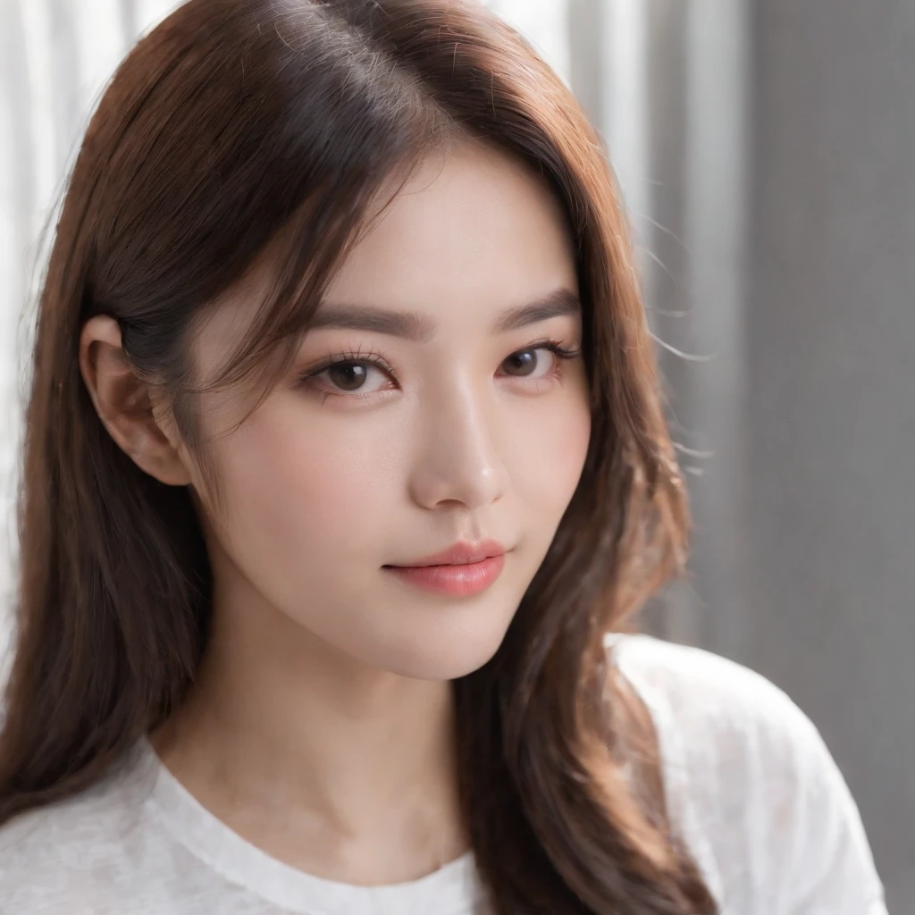 xxmixgirl, (photo: 1.3) af (real: 1.3), East Asian woman, soft light, clear face, front, ((white T-shirt)), cheerful, warm light, ((off-white gradient background)), ( (monochrome background)), ((grey wall background)) avatar, (long hair), beautiful and young, fashionable hairstyle, ((close-up))