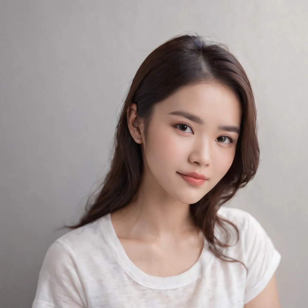 xxmixgirl, (photo: 1.3) af (real: 1.3), East Asian woman, soft light, clear face, front, ((white T-shirt)), cheerful, warm light, ((off-white gradient background)), ( (monochrome background)), ((grey wall background)) avatar, (long hair), beautiful and young, fashionable hairstyle, ((close-up))
