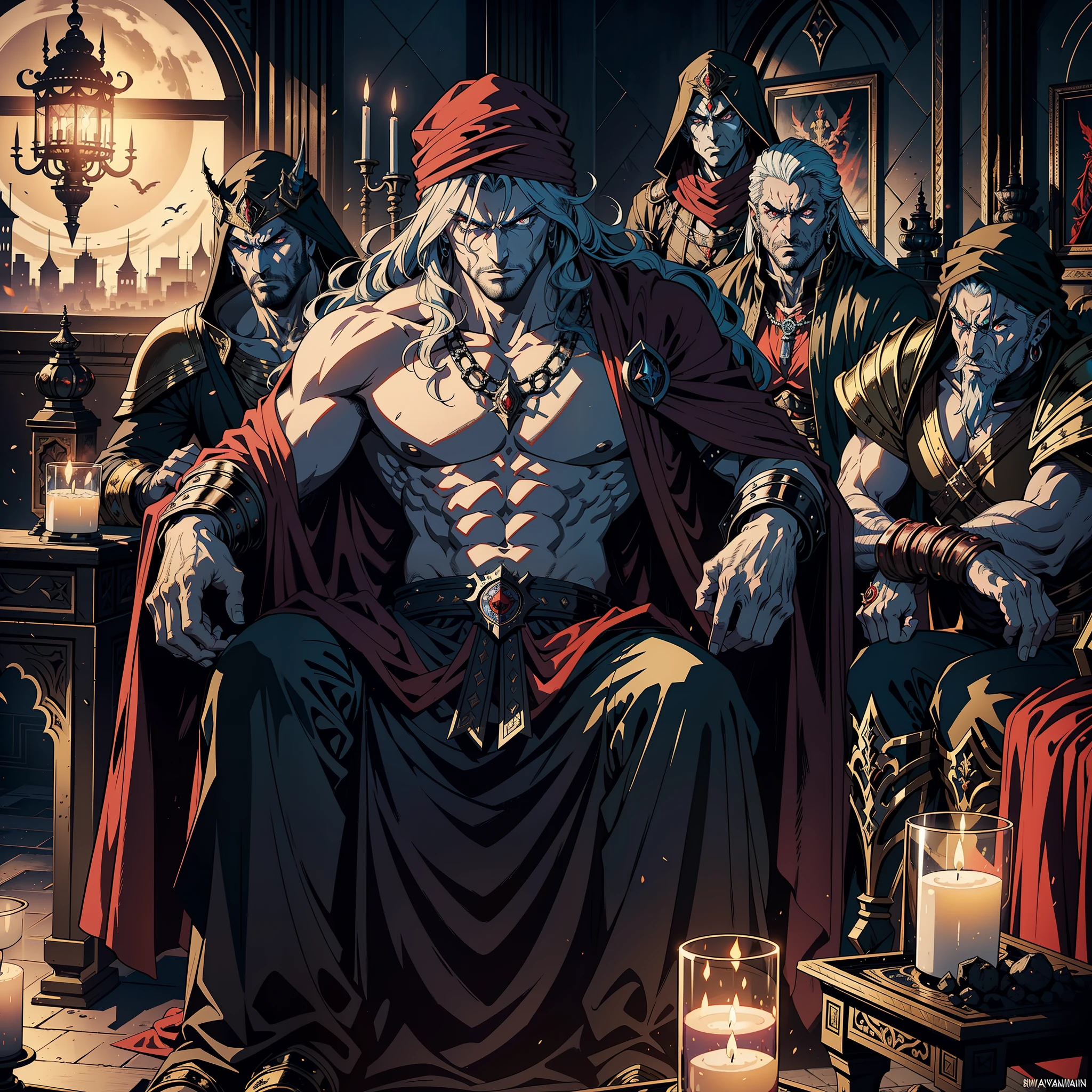 Castlevania Hyper Realistic Shadow Lord Super Detailed Dynamic Shot Master Piece of Lord Dracula Medieval Arab Warrior with Red Turban Scary Face Hokuto No Ken Structure Muscular Face Kenshiro sitting in his legendary Moroccan throne surrounded by demons and 3 scary demons Speaking of old rolls Cinematic Scenes Epic Movie Hyper Realistic Movie Legendary Movie Epic Movie Epic Movie Epic Movie Epic Movie Epic Movie Epic Movie Epic Movie Epic Movie Epic Movie Epic Movie Epic Movie Epic Movie Epic Movie Epic Movie Epic Movie Epic Enlarged 3D View Lower Angle