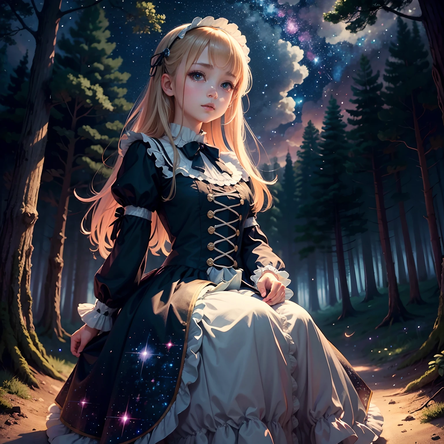masutepiece, Best Quality, ultra-detailliert, Illustration, Colorful, FAQ Color, depth of fields, Lens Glow, 1girl in, firefly, Starry sky, Lolita, forest, Detailed skin texture, Fine Cloth Texture, Nice and Meticulous Face, Full body, Scenery