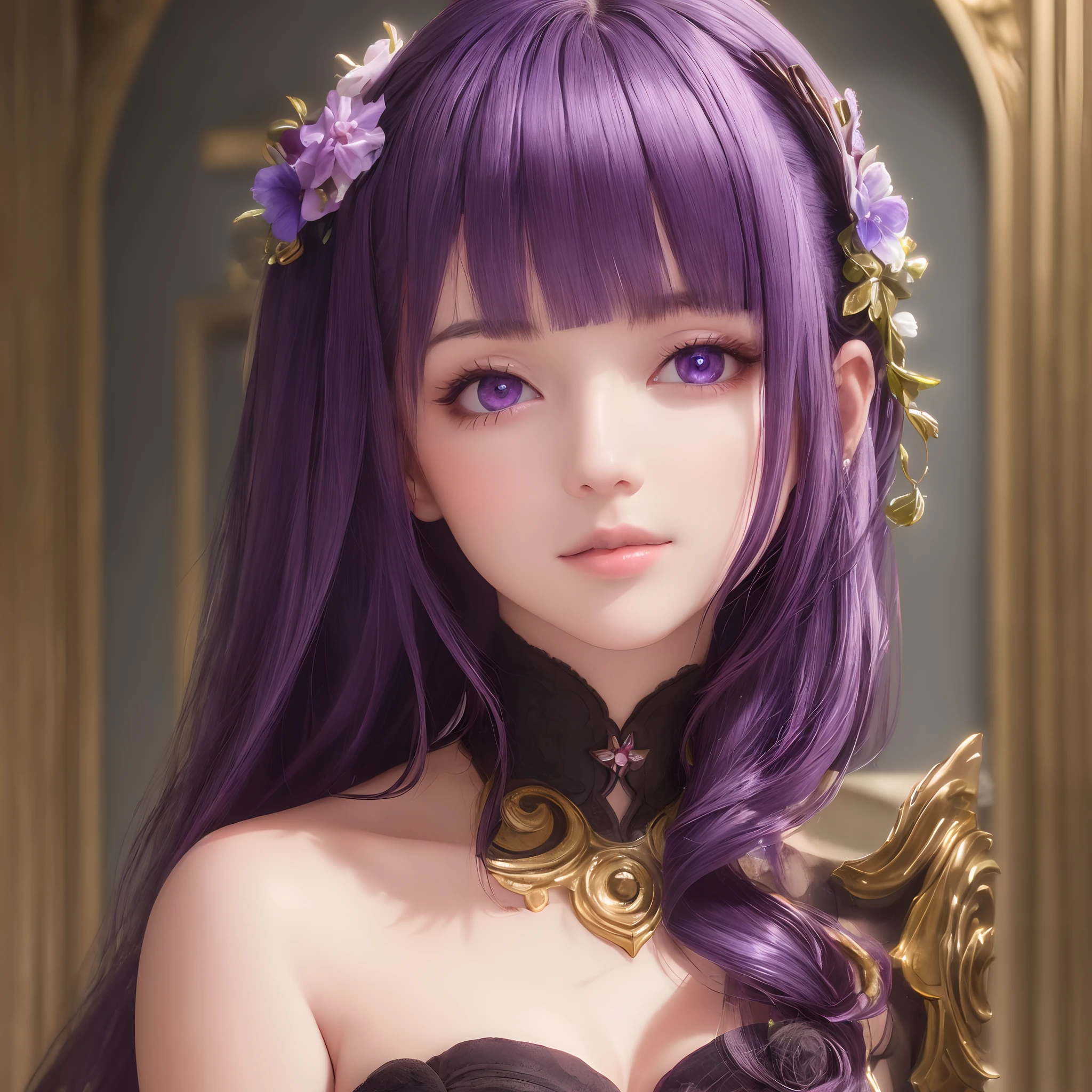 (masterpiece, sidelighting, finely detailed beautiful eyes: 1.2), masterpiece*portrait, realistic, 3d face, glowing eyes, shiny hair, lustrous skin, solo, embarassed, (midriff), purple hair, soft lips, glossy lips