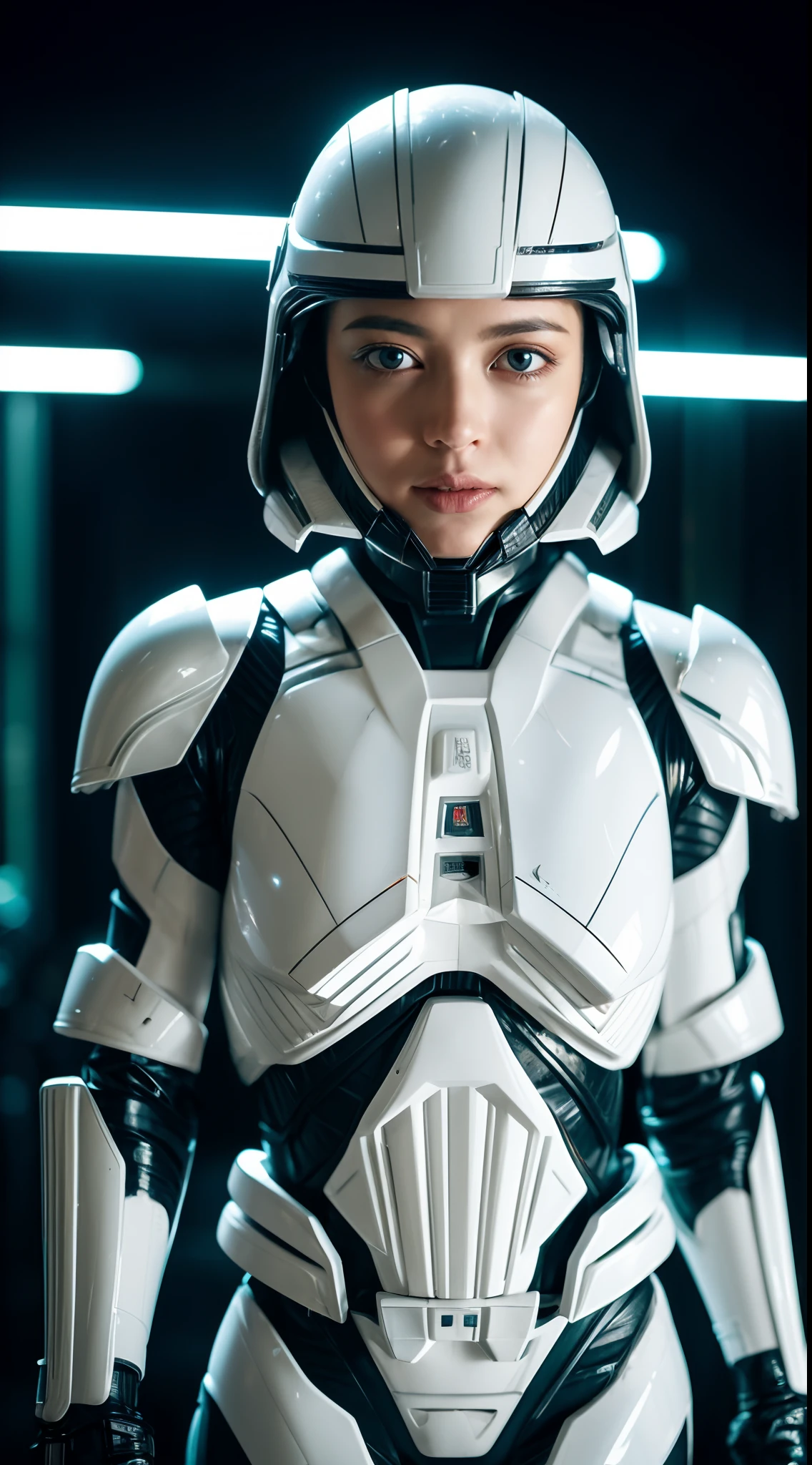 Amanda Seyfried in Star wars white Stormtrooper armor, no mask, no helmet, glowing lights, (dynamic pose), (hyper realistic:1.4), (realistic:1.3), (best quality real texture skin), full body, (Cinematic Light), highly detailed skin, skin pores, (highly detailed face:1.1), (highly detailed eyes:1.1), realistic pupils, (perfect anatomy:1.1), (perfect proportions:1.1), (photography:1.1), (photorealistic:1.1), volumetric lighting, dynamic lighting, real shadows, (highres:1.1), sharp focus, daylight, (realistic, hyperrealistic:1.4), intricate, high detail, dramatic, subsurface scattering, big depth of field, vivid, polished, sharpened, ((full Sharp)), (extremely absurdres),8k hdr