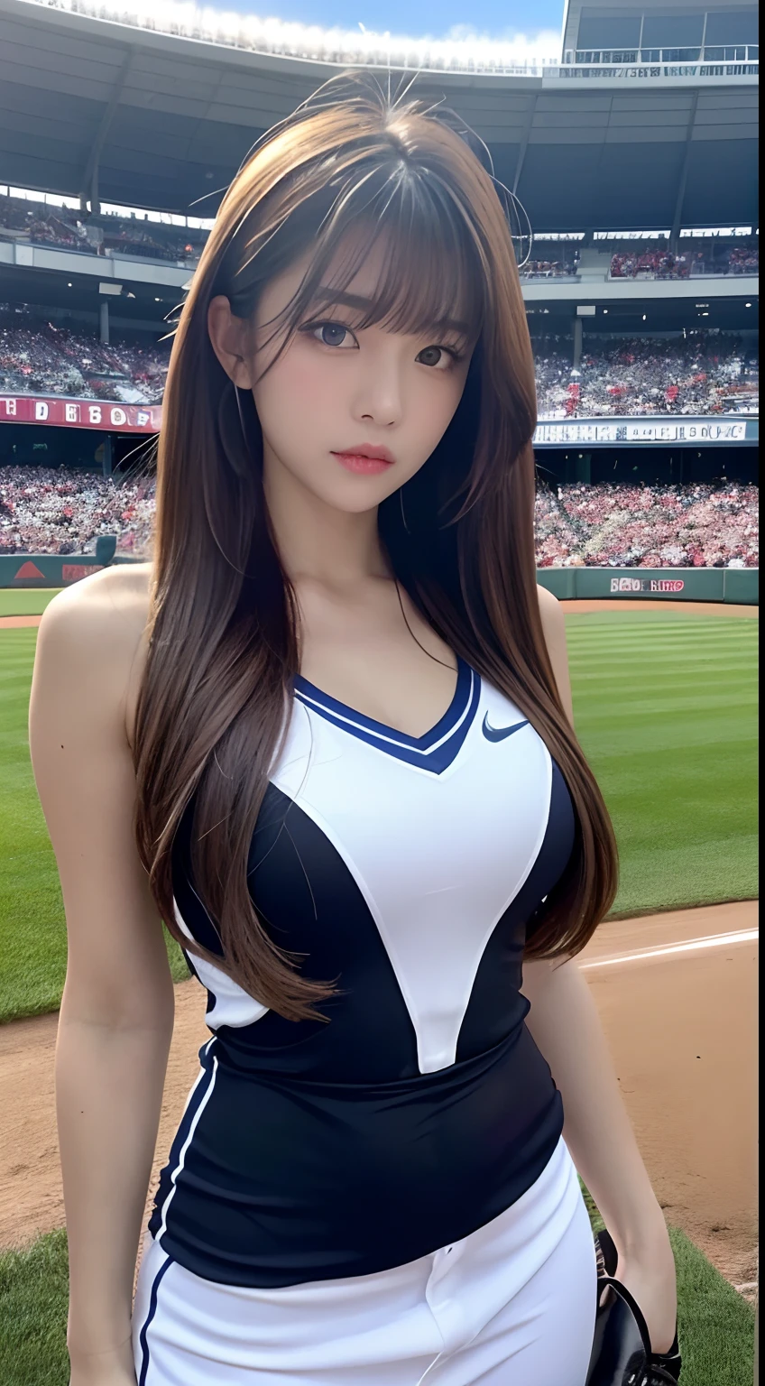 (Best Quality, 8K, masutepiece, Ultra HD: 1.3), 1girl in, small tits ,light brown hair, Blunt bangs, hair behind ear, hair over shoulder, Long hair, slender body shape, Ultra Fine Face, Delicate lips, Beautiful eyes, Double eyelids, lipsticks, thin blush ,Green eyes ,perfect glossy skin,flawless skin,fair white skin,perspiring,A gaze that invites you, Chest,Ultra-thin hands, Ultra-fine fingers,Sexy Wear Cheerleader Costume,Inside the stadium(Stand on the pitcher's mound),First pitch ceremony,Pitcher form as a pitcher