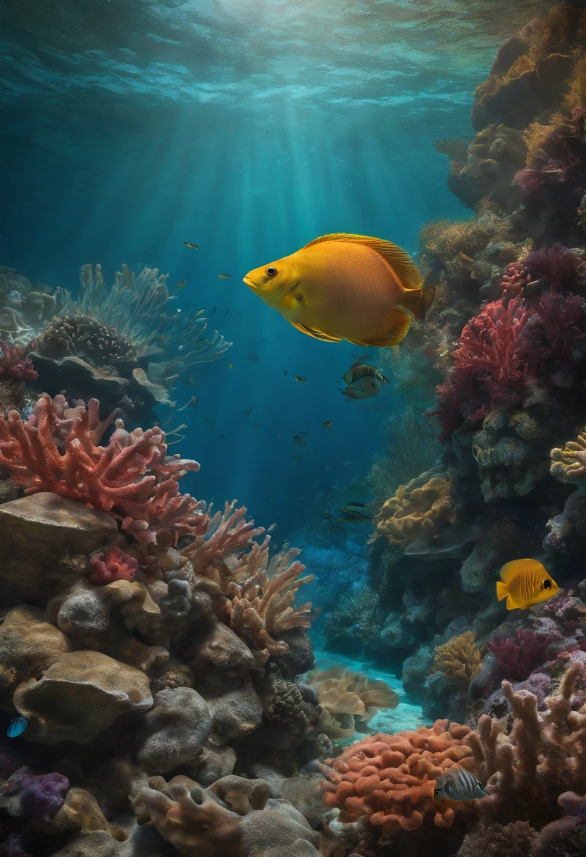 A realistic scene in a coral reef, with a tiburon swimming gracefully among colorful fish and vibrant coral formations. The tiburon has a sleek and powerful body, with sharp teeth visible as it glides through the crystal-clear water. The coral reef is teeming with life, with small fish darting in and out of the coral crevices. The sunlight filters through the water, casting beautiful rays of light on the reef. The colors of the fish and coral are vivid and vibrant, creating a stunning visual display. The underwater scene feels peaceful and serene, with the tiburon adding a sense of majesty to the overall composition. The artwork is rendered in high quality, with ultra-detailed textures and realistic lighting effects, capturing the beauty of the underwater world. The style of the artwork is a combination of photorealism and concept art, creating a visually stunning and captivating image. The color palette is rich and vibrant, with a focus on blues and greens to reflect the underwater environment. The lighting is soft and natural, mimicking the sunlight filtering through the water.
