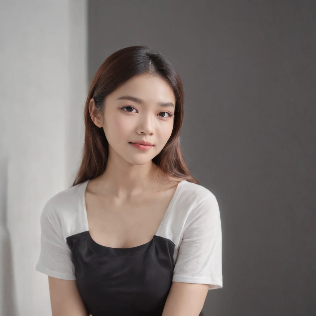xxmixgirl, (photo: 1.3) af (real: 1.3), East Asian woman, soft light, clear face, front, ((white T-shirt)), cheerful, warm light, ((off-white gradient background)), ( (monochrome background)), ((grey wall background)) avatar, (long hair), beautiful and young, fashionable hairstyle, ((close-up))