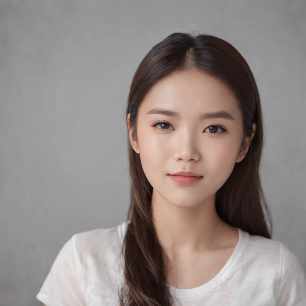 xxmixgirl, (photo: 1.3) af (real: 1.3), East Asian woman, soft light, clear face, front, ((white T-shirt)), cheerful, warm light, ((off-white gradient background)), ( (monochrome background)), ((grey wall background)) avatar, (long hair), beautiful and young, fashionable hairstyle, ((close-up))