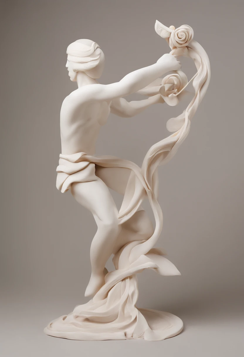 A male Greek statue positioned in profile eating a hand-sized hamburger.