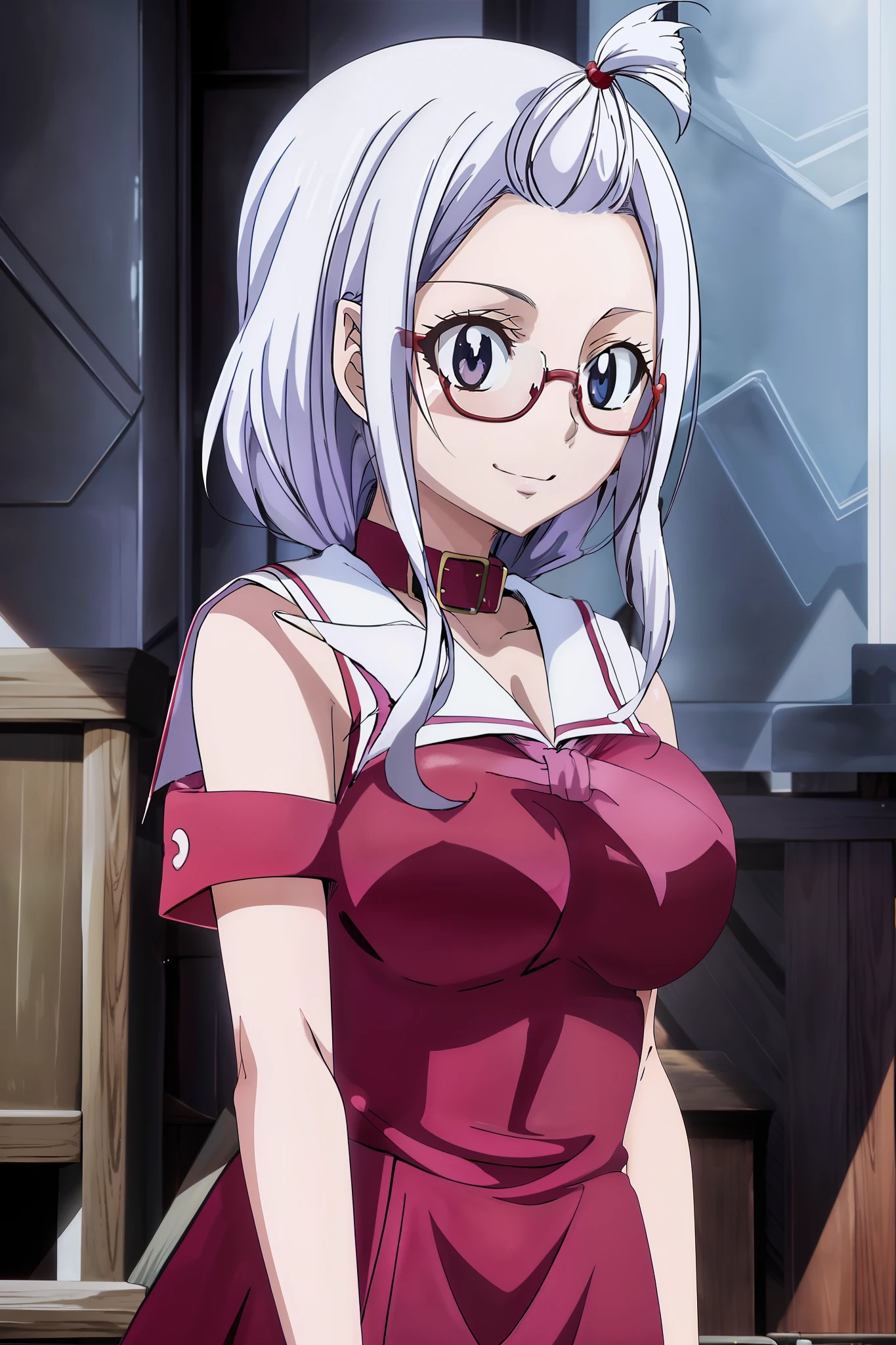 1girl, masterpice, high quality, best quality, good anime picture, misaki, ((school uniform)), ((serafuku)), glasses, twin braids, ((collar)), hair ornament, upper body, big breasts, dynamic light and shadows, smile, (adjusting eyewear:1.2), multicolor outfit, white hair, princess dress, red uniform