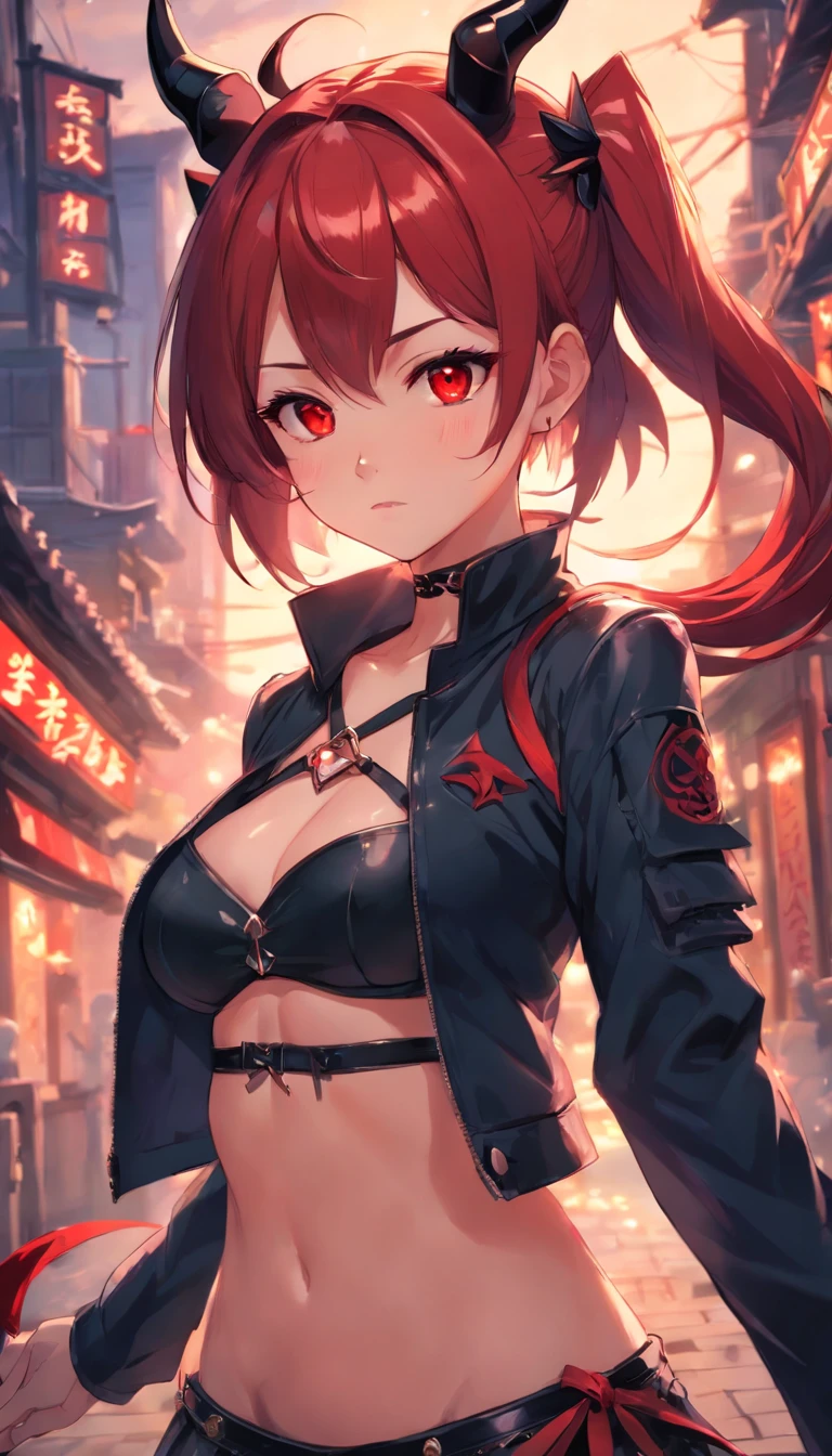 Dynamic Angle, ((Full body posing:1.5), (Colorful:1.2), (Highly detailed CG Unity 16k wallpaper:1.1), (Denoising strength: 1.45), (tmasterpiece:1.37), ((Official art)), (Colorful:1.2), (Bare shoulders:0.85), ((balconies, Starry sky, (( 8K Wallpaper)), starryskybackground, ultra-detailliert, Beautiful and aesthetic, Beautiful, ultraclear, Best Quality)), 1girl in, (In smoke:1.1), (Dynamic Smoke Anywhere:1.4), (1 Chinese pattern in the middle of the girl's forehead), Girls with weak temperament, (epic cinematic), Soft natural light, Rim Light, Absurd, ((masutepiece, Best Quality:1.37)), ((Red-haired, shorttwintail, Black Wings of the Little Devil)), hight resolution, Ultra-detailed, ultra-sharp ((Small Devil_Wings, whips, succubus)), BREAK, 1girl in, Extreme close-up, close-up, (Beautiful Anime Face, Cute face, Detailed face), Red Eyes,((Non-erotic)), Jewelry, earrings,((short twintails)), Piercing, ((Hand holding a whip)), ((Detailed black bikini, Intimidating corset choker,Little Devil's Tail:1.3)),Wearing a jacket, nice appearance, detailed clothes, ((Black miniskirt)), ((small tits)), with intensely mesmerizing red eyes