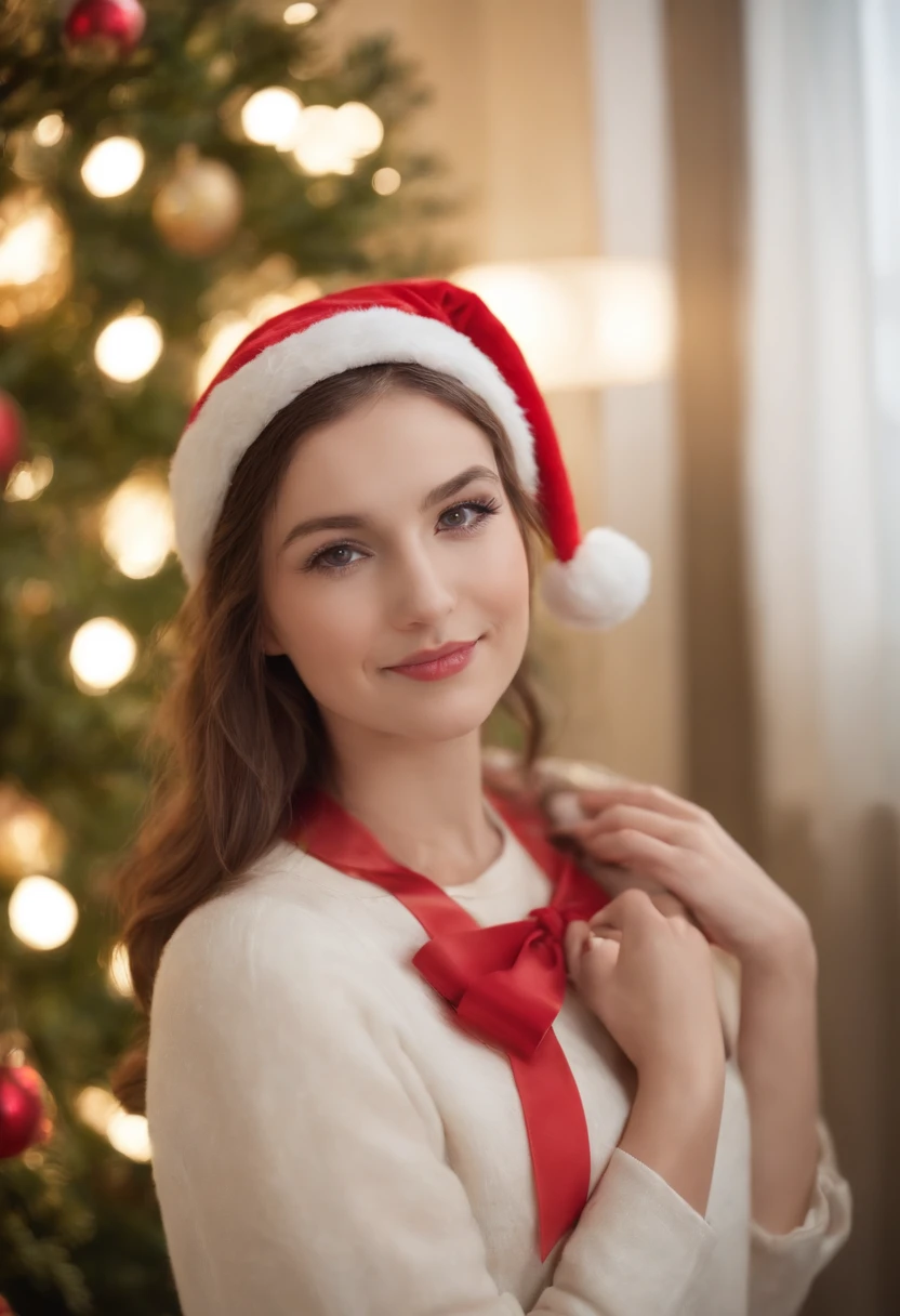 Rabbits, Wearing a Santa hat，Wear a red bow tie，Christmas tree lit up in background, Fresh and lovely，a warm color palette，Warm scene，Smiling girl，friendly，Natural light，soft shade