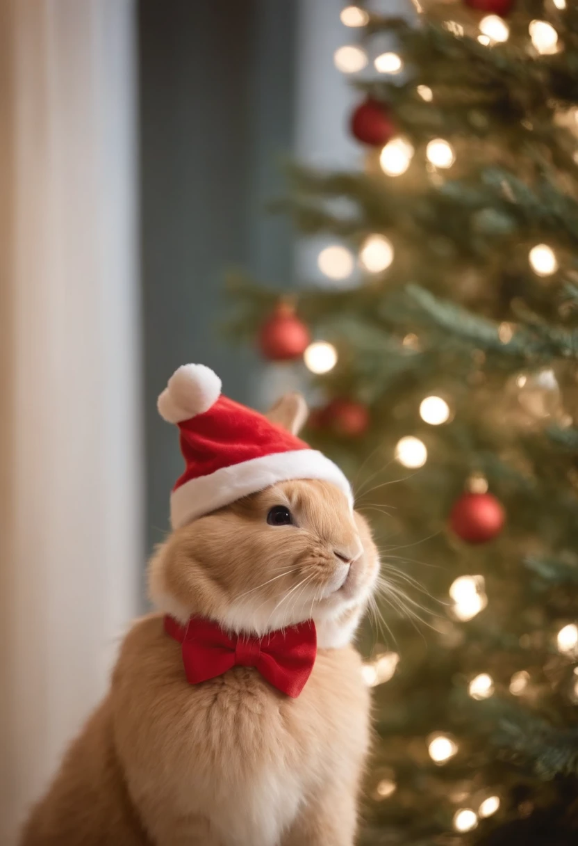 Rabbits, Wearing a Santa hat,Wear a red bow tie,Christmas tree lit up in background, Fresh and lovely,a warm color palette,Warm scene,Smiling girl,friendly,Natural light,soft shade