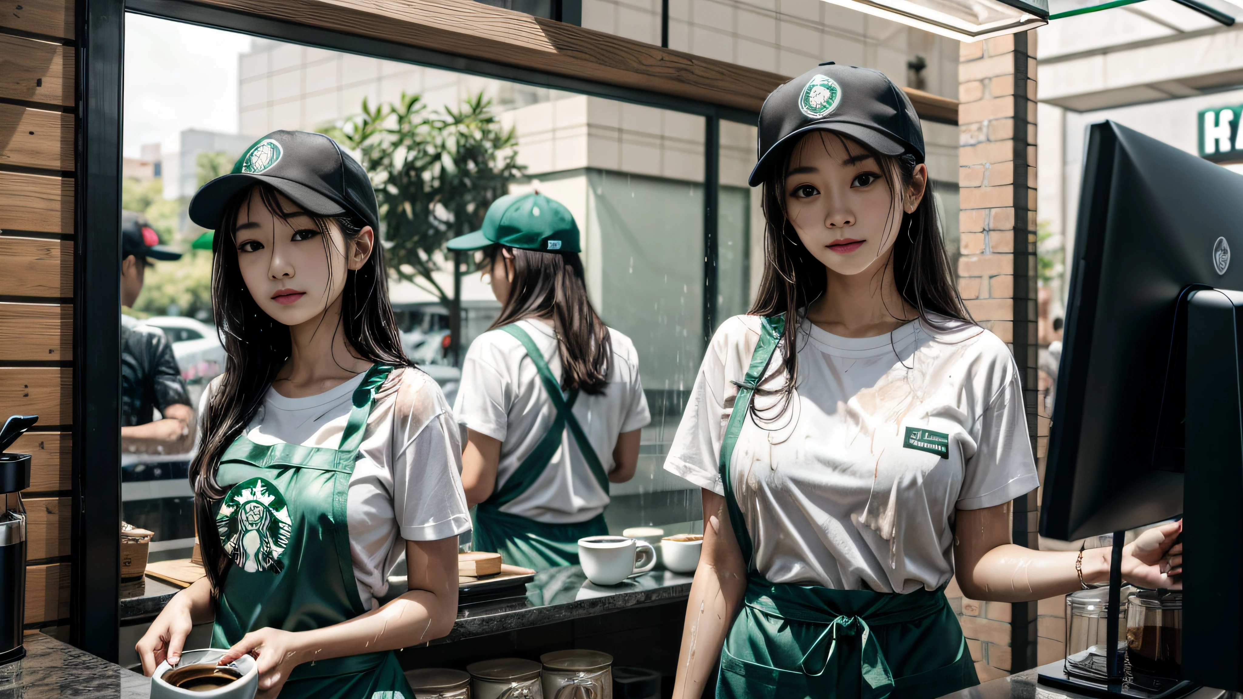 A girl in a black Starbucks uniform makes coffee,in a white shirt,(The palm does not appear 1.5),Wearing a baseball cap on his head,Clothes and skin are soaked all over,(wetclothes:1.8),Reflective skin,Sweaty skin,high high quality、tmasterpiece、Hyper-Resolution、barechested、NAKED Apron、wearing apron、Half-body mirror,