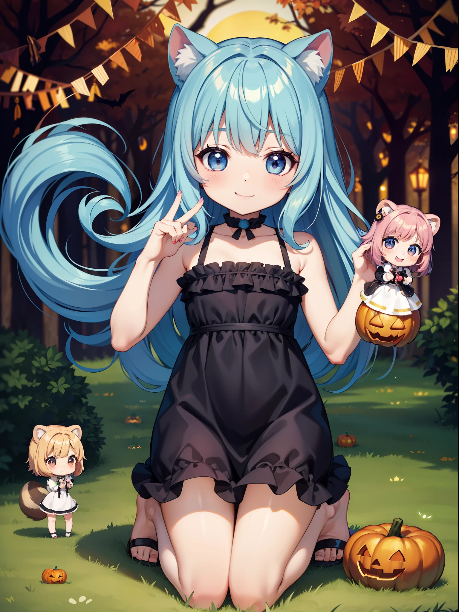 Chibichara Halloween Scenery in woods Forest bear、Hareful、Halloween Party with Squirrels long hair with blue hair((Chibi Chara))、Twin-tailed、A charming smile、Fluffy、girl with、Chibi Chara、Subbear、Hareful、squirrel、full body Esbian、Pastel colors hair、masutepiece、top-quality、