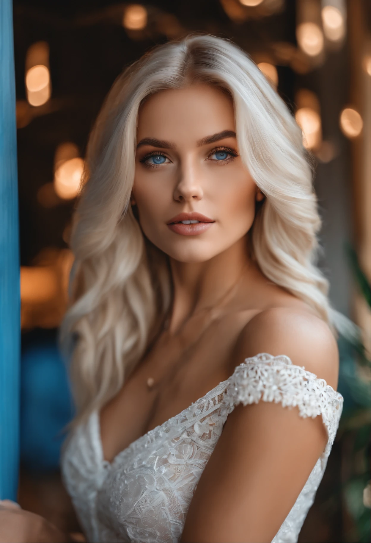 Realistic white female Instagram influencer, Best quality, Blonde, 1 girl, Blue eyes, White tight skirt