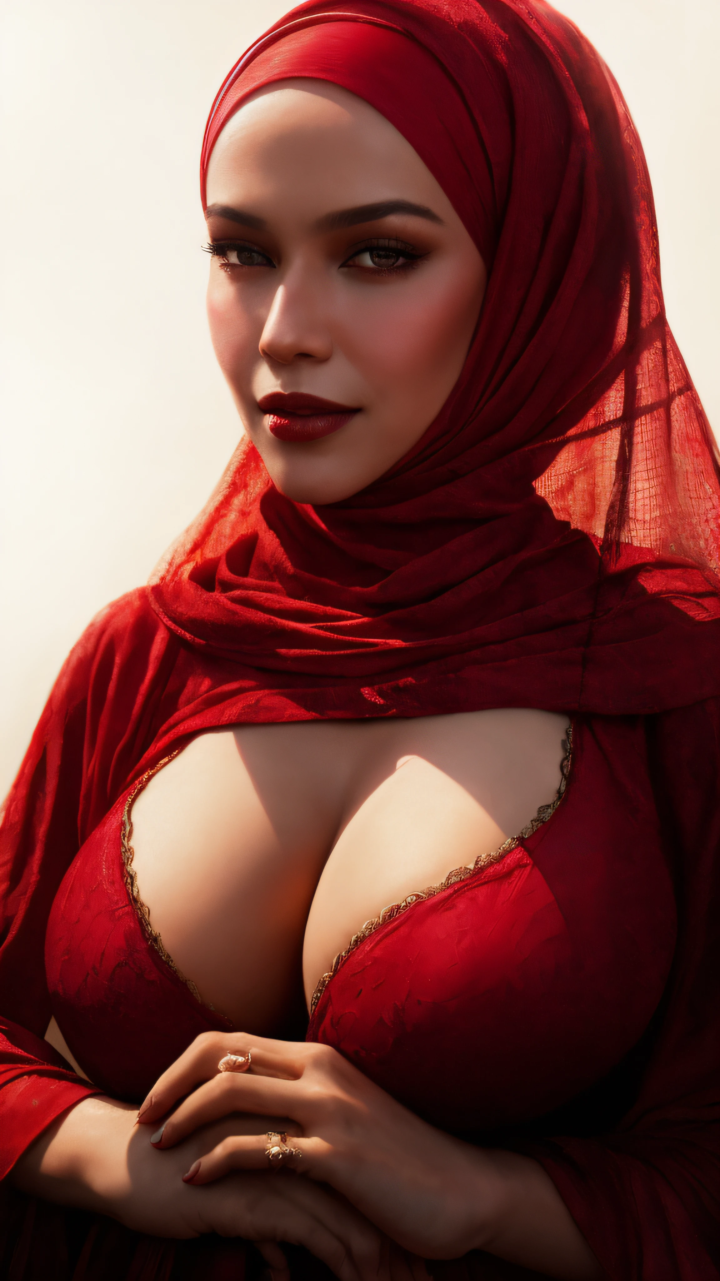 close-up portrait of a beautiful woman in hijab, wearing red net dress, very big breast, showing large cleavage, reeds, (backlight), realistic, masterpiece, high quality, lens reflection, shadow, flower, [[chromatic aberration]], by Jeremy Lipking, by Antonio J. Manzanedo, digital painting,