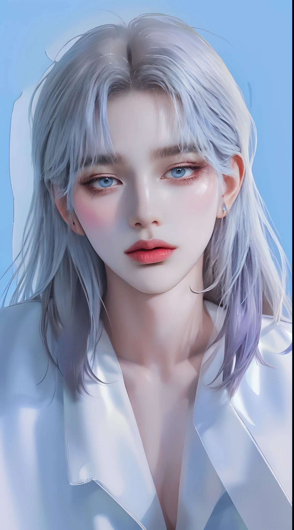 ((4K works))、​masterpiece、（top-quality)、((high-level image quality))、((one beautiful women))、Slim body、((Black Y Shirt Fashion))、(Detailed beautiful eyes)、Fantastic background、((Face similar to Chaewon in Ruseraphim))、((length hair))、((bright silver hair))、((Smaller face))、((Neutral face))、((Light blue eyes))、((Korean Women))、((18year old))、((Wild Lady))、((Glaring at him with a savage look))、((Korean makeup with black eyeshadow))、((elongated and sharp eyes))、((Shot alone))、((Fallen Angel))、((Fallen Angel Woman))、Photos of fallen angels、Villain、Fantastic photos