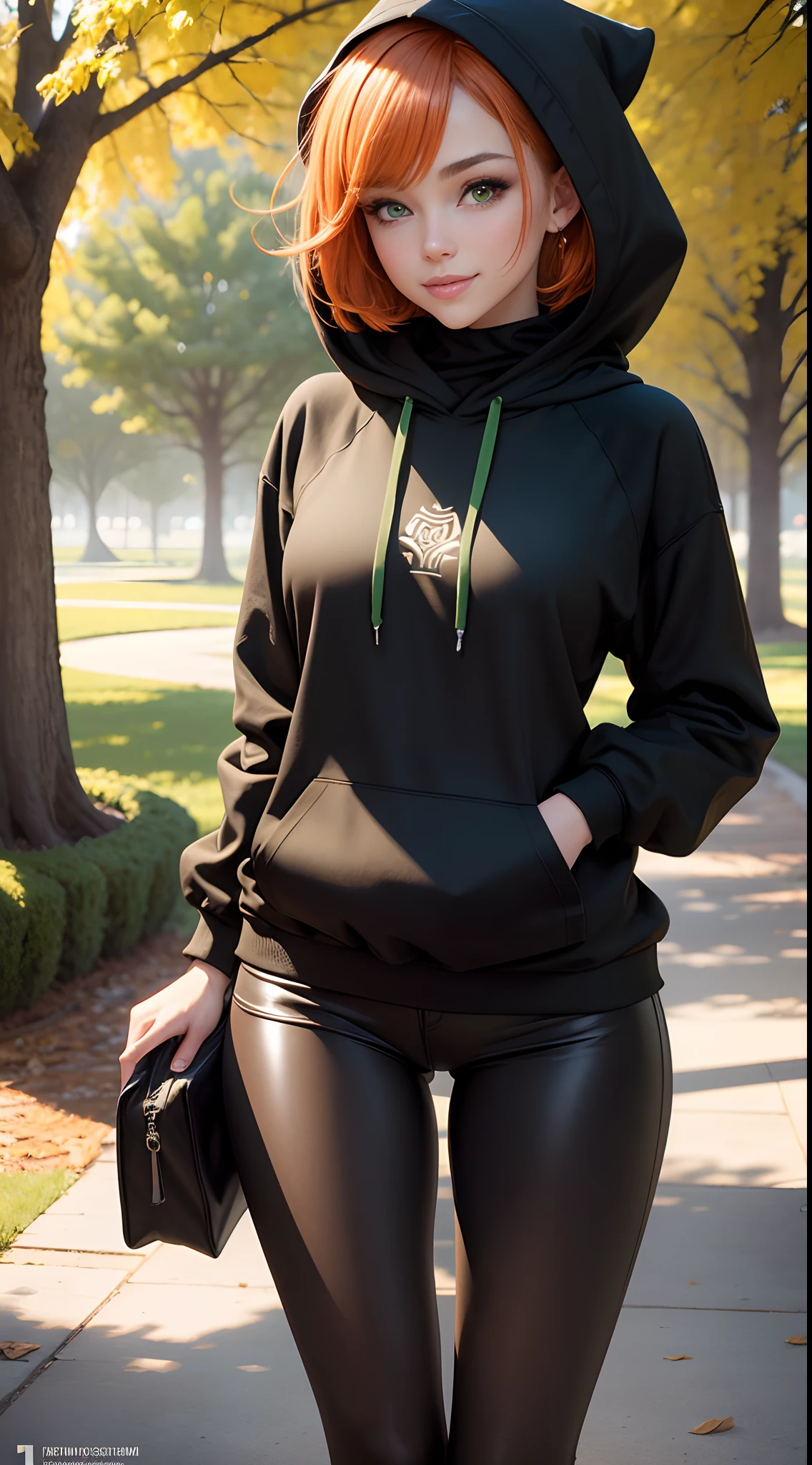 masterpiece, best quality, ultra-detailed, beautiful lighting, Woman, black leggins, orange hair, (green eyes:1.3), (black oversized hoodie:1.2), , turtleneck, standing up, in park, beautiful scenery, slight blush, smiling, (cute smile:1,1), (glossy lips:1.1), (beautiful eyes:1.1), wonderful backround, closed mouth, arms_behind_back, short hair HD HQ UHD