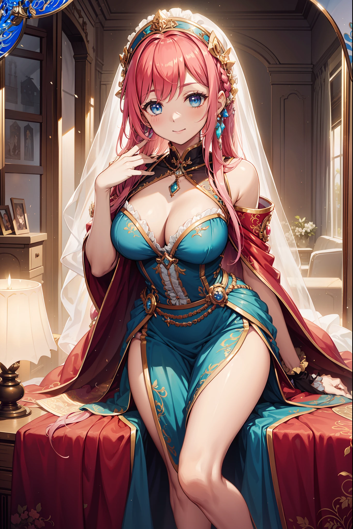 highest quality,a beauty girl,Enchanted,divino,having fun,(Light Victorian dress),Pink hair,eBlue eyes,(Fabric headdress),super ultra detail,Ruffles,Lace,Multi-colored cloth,Embroidery,Pattern,decor,(exquisite costumes),see-through transparent clothes,Bedrooms,the night,Shine,Soft cloth,(Dazzle),(Beautiful detailed face),Movie lighting,solo person,Fluttering skirt,Seductive pose,Reasonable human body