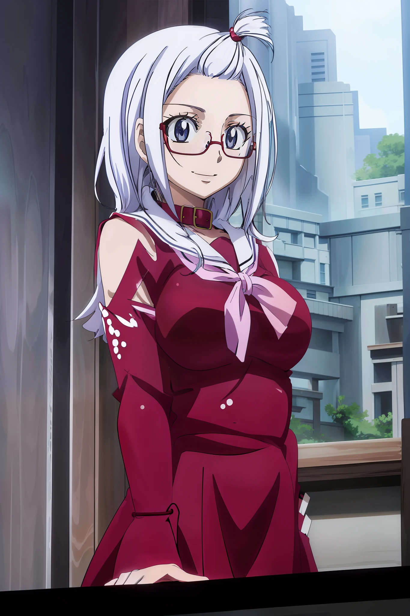 1girl, masterpice, high quality, best quality, good anime picture, misaki, ((school uniform)), ((serafuku)), glasses, twin braids, ((collar)), hair ornament, upper body, big breasts, dynamic light and shadows, smile, (adjusting eyewear:1.2), multicolor outfit, white hair, princess dress, red uniform