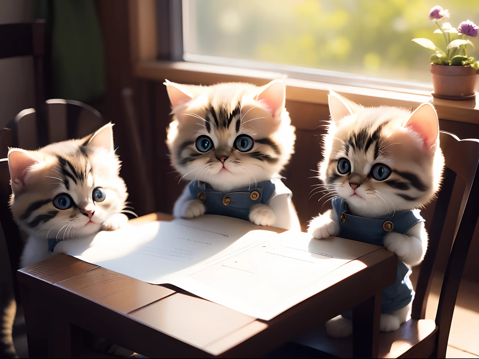 There is only one kitten in the picture, ((A kitten)), Lonely kitten, hairy pubic, roundly eyes, extremely cute, Short legs, Wear a white vest, sitting before a table, Holding pencil in hand, Hold your face with your left hand, On the table is a blank piece of paper in the house, sleepy, from above, UHD, best quality