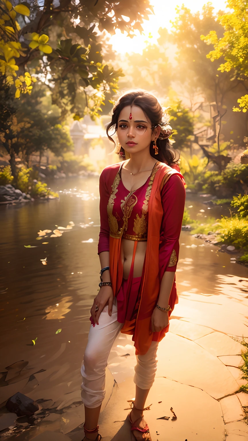 Background change to temple, ultra realistic,cute girl, dramatic light ultra hd,saree red skin details