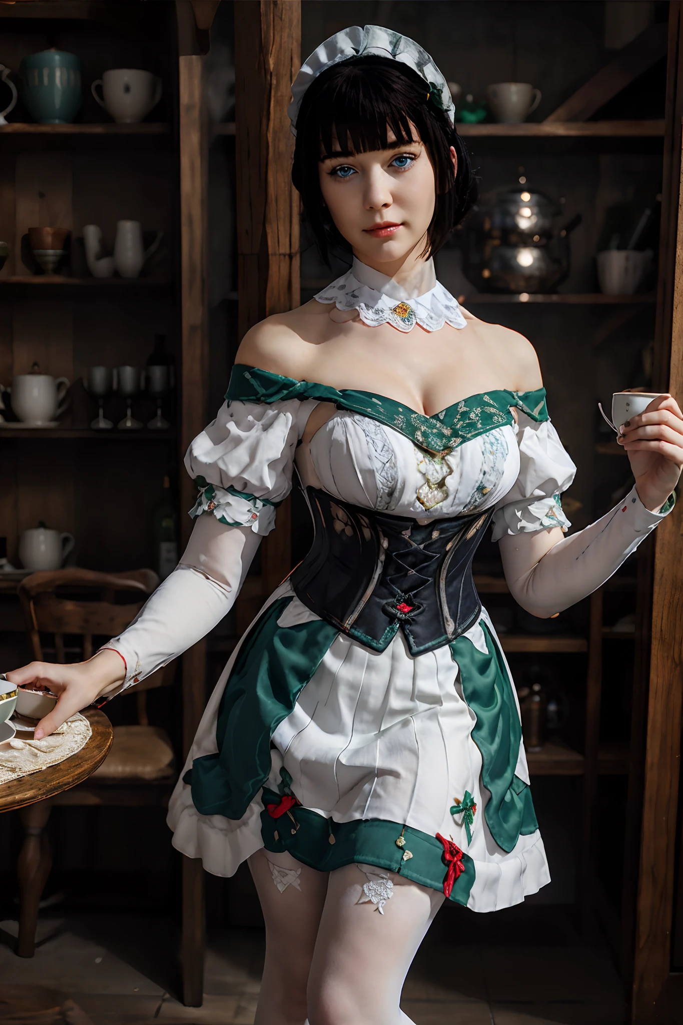 Masterpiece, Best Quality, 1girl,  Standing, Serving tea in a café, Medieval times, full - body, Medium Hair, Jewelry, gemstone, long skirt, maiden, Green & White Dress, off-shoulder, bow, white pantyhose, Vertical striped tights, puffy sleeves, blunt bangs, detached collar, maid headdress, red bow, Green Collar, green shoes, corset, blue eyes,  black hair, Short hair, long skirt,