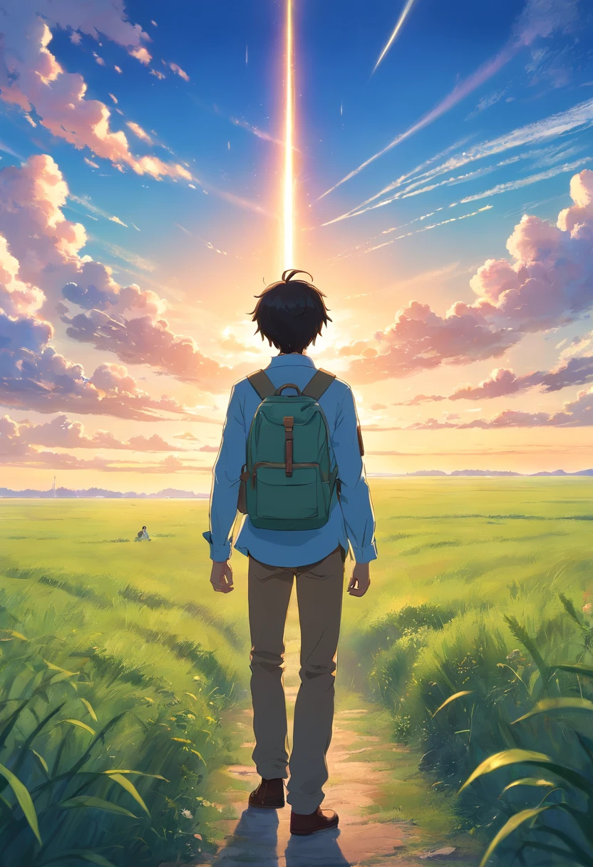 Vast sky, Beautiful skyline, large grasslands, extremely tense and dramatic pictures, moving visual effects, High Polaris, Colorful natural glare. Rear view of a man wearing a long-sleeved white shirt and denim and carrying a backpack next to him